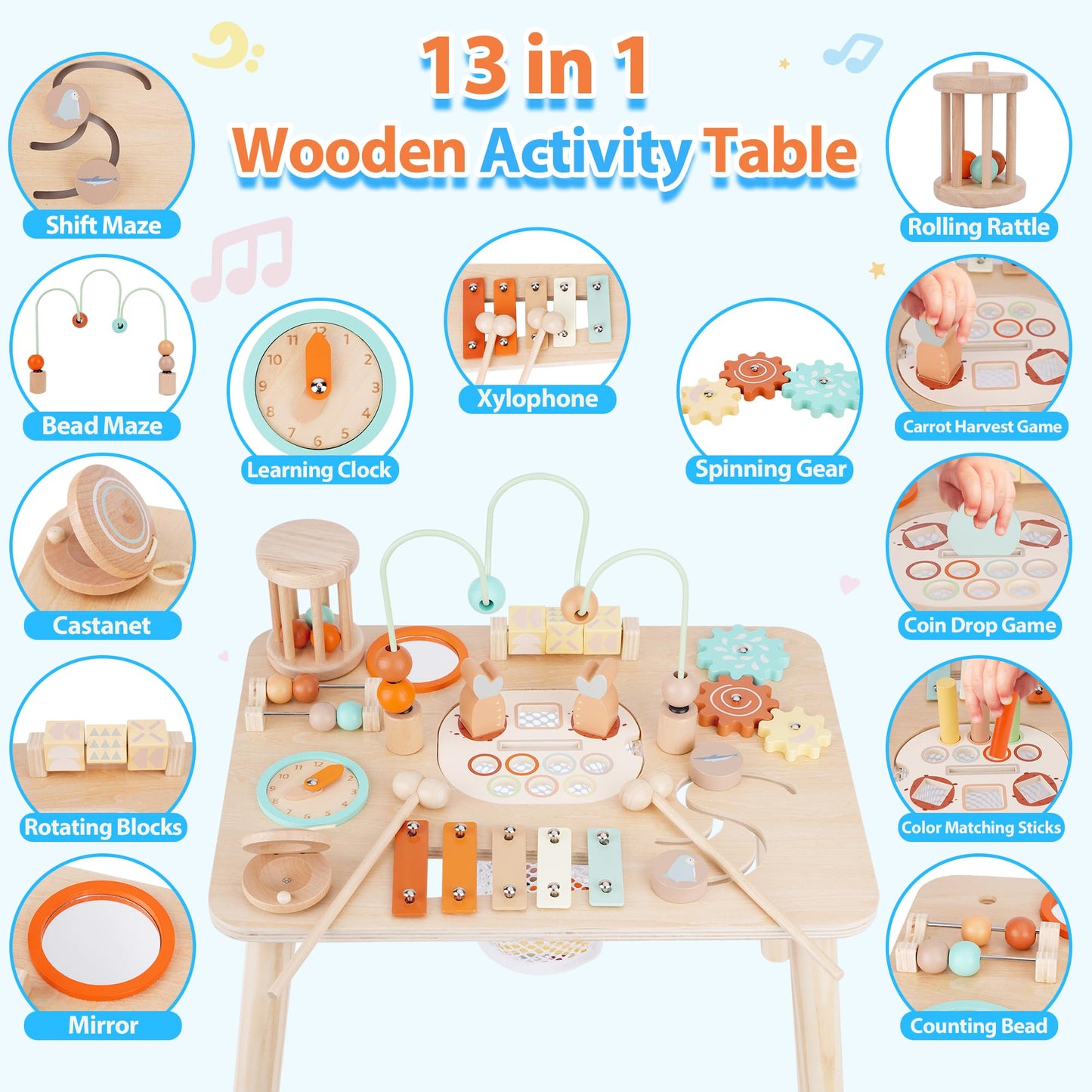 ATOYUS 13-in-1 Wooden Activity Table for Toddlers 12-36 Months | Montessori Sensory Toy