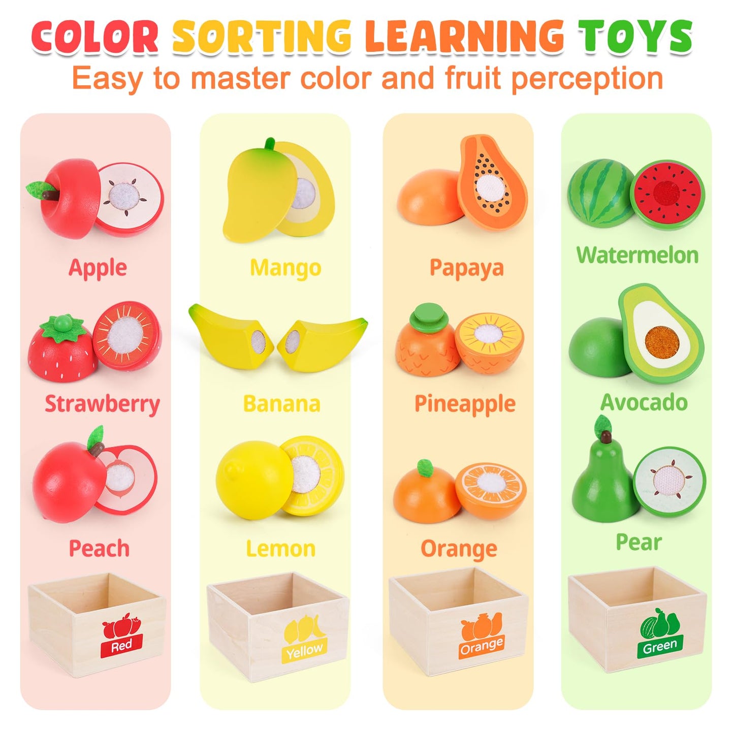 ATOYUS Wooden Play Food Set – Pretend Kitchen Toys for Toddlers 1-3 with 12 Fruit Pieces and Storage Boxes
