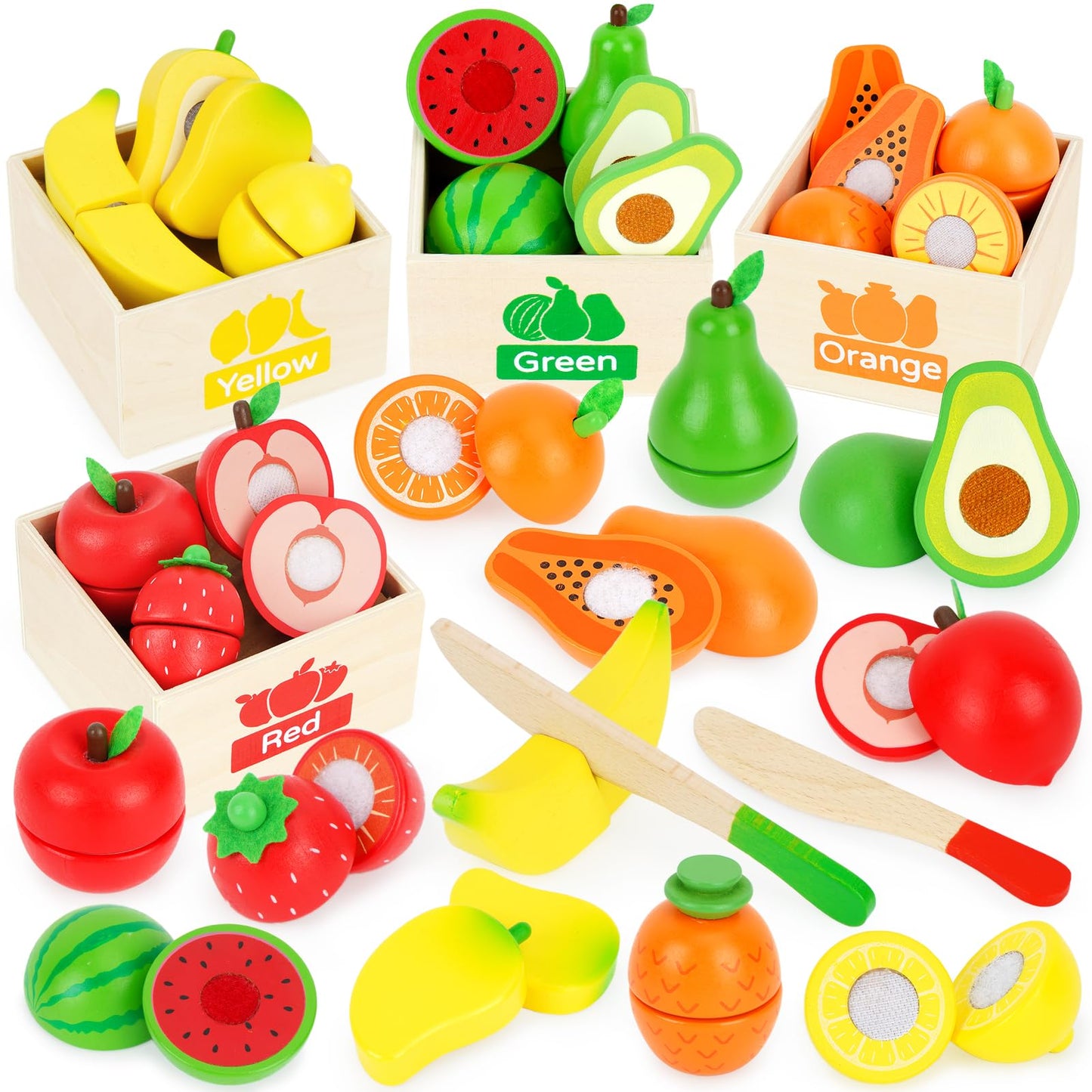 ATOYUS Wooden Play Food Set – Pretend Kitchen Toys for Toddlers 1-3 with 12 Fruit Pieces and Storage Boxes