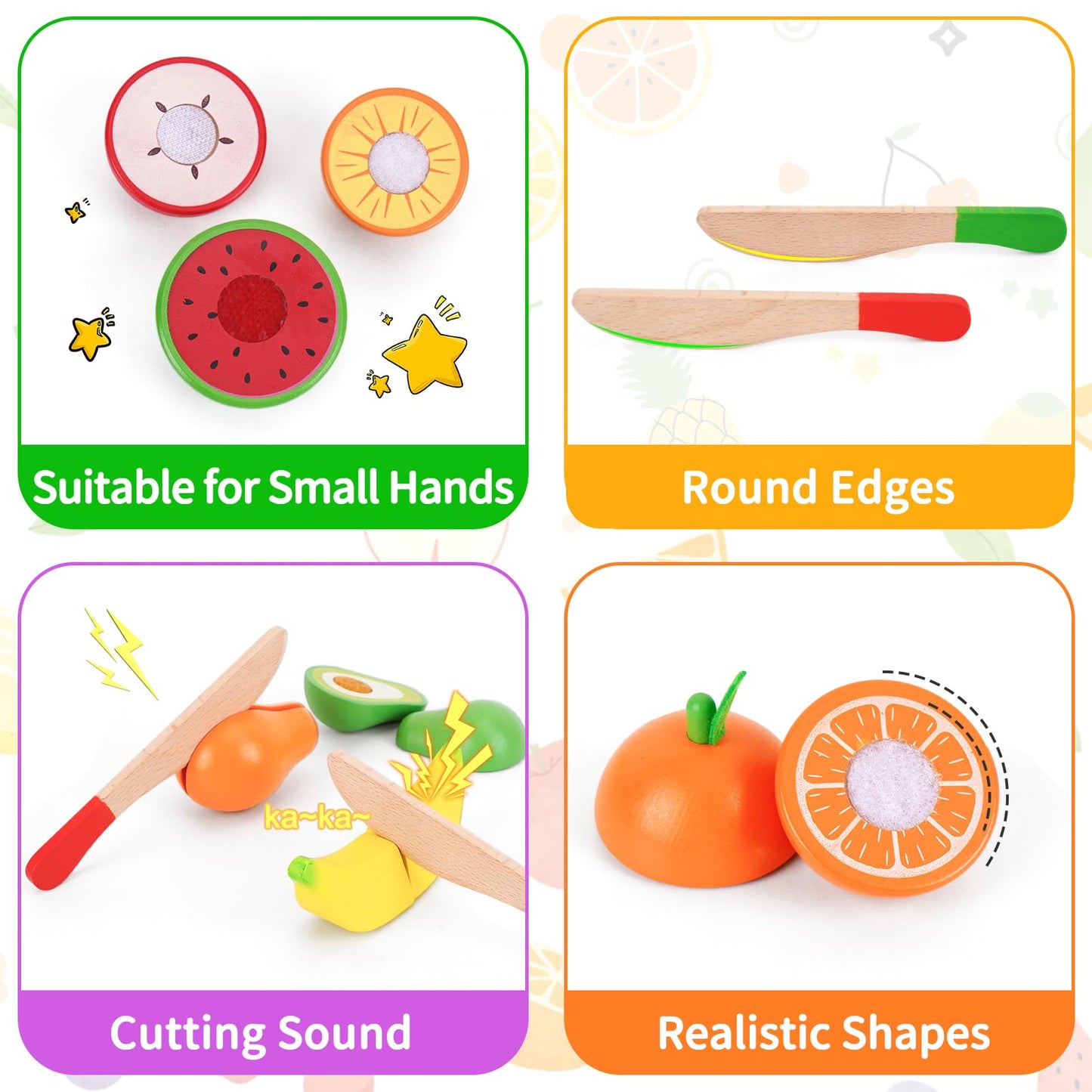 ATOYUS Wooden Play Food Set – Pretend Kitchen Toys for Toddlers 1-3 with 12 Fruit Pieces and Storage Boxes