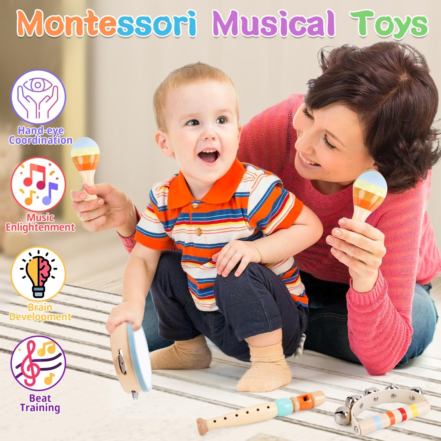 ATOYUS Wooden Toddler Musical Instruments Set — Montessori Percussion Toys for 18+ Months