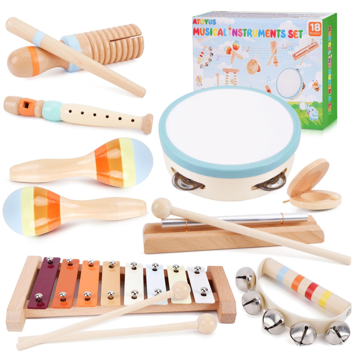 ATOYUS Wooden Toddler Musical Instruments Set — Montessori Percussion Toys for 18+ Months