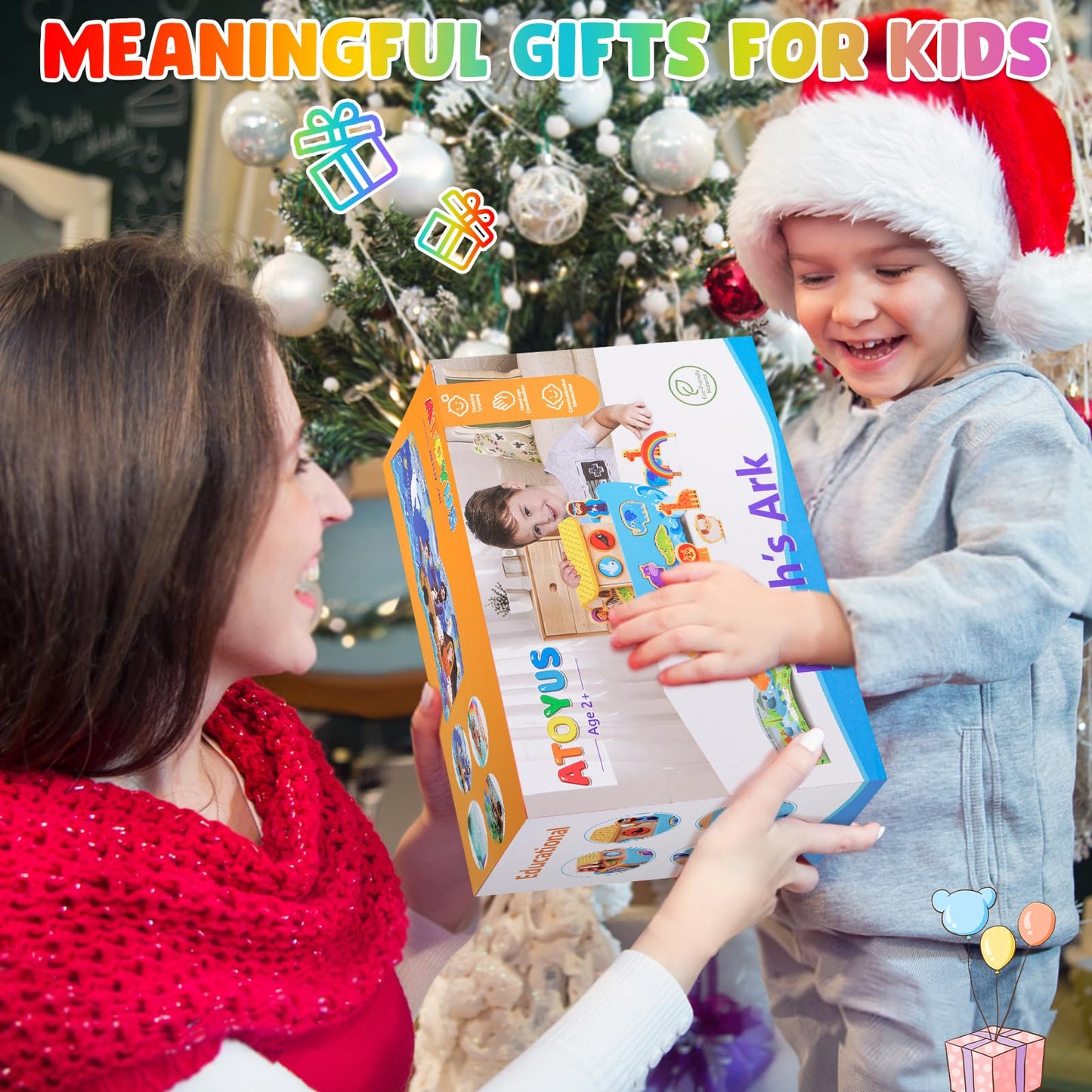 ATOYUS Noah's Ark Wooden Toy Set for Toddlers — Montessori Shape Sorters & Bible Story Book
