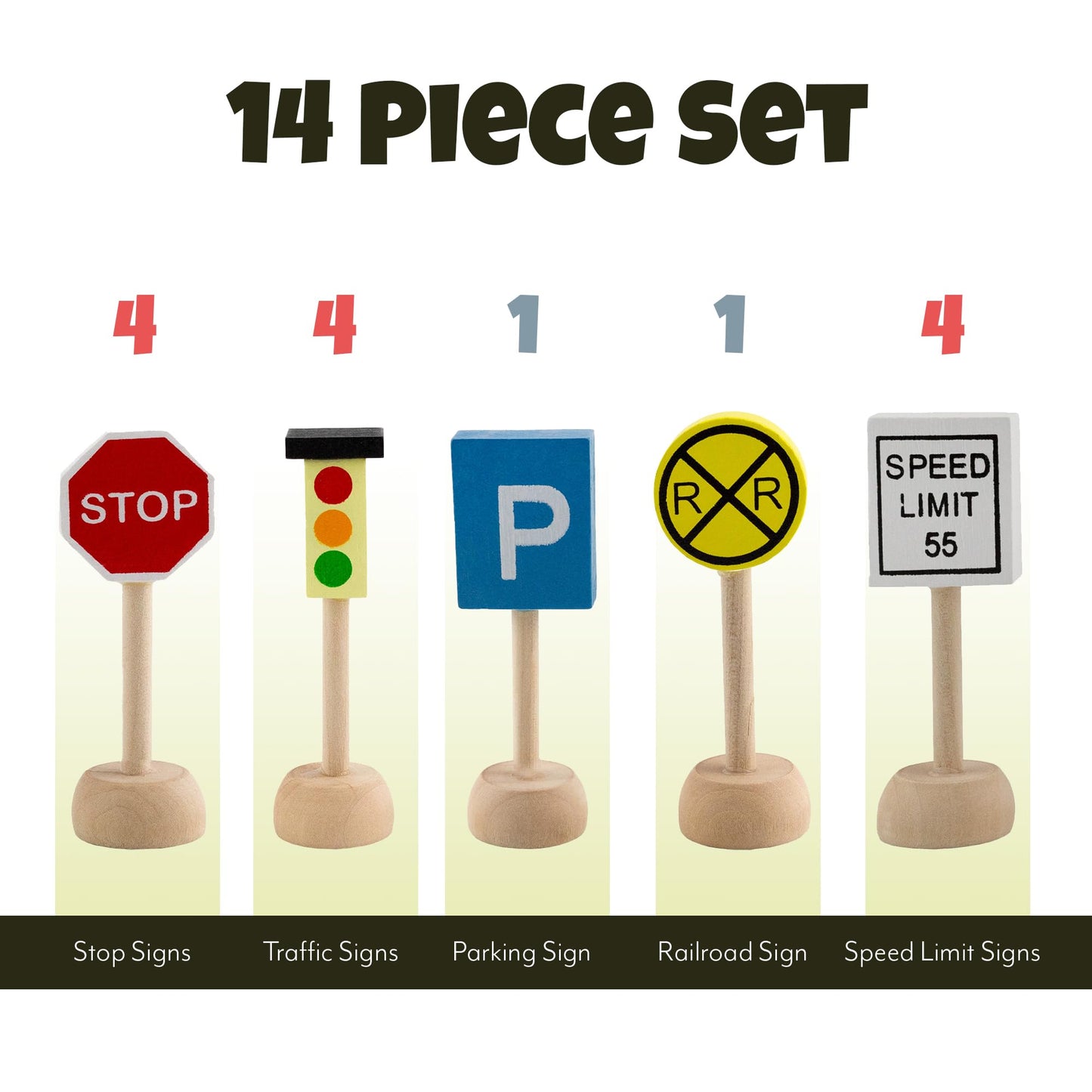 Attatoy Kids Wooden Street Signs Playset – 14-Piece Traffic Signs for 1:64 Cars & Trains