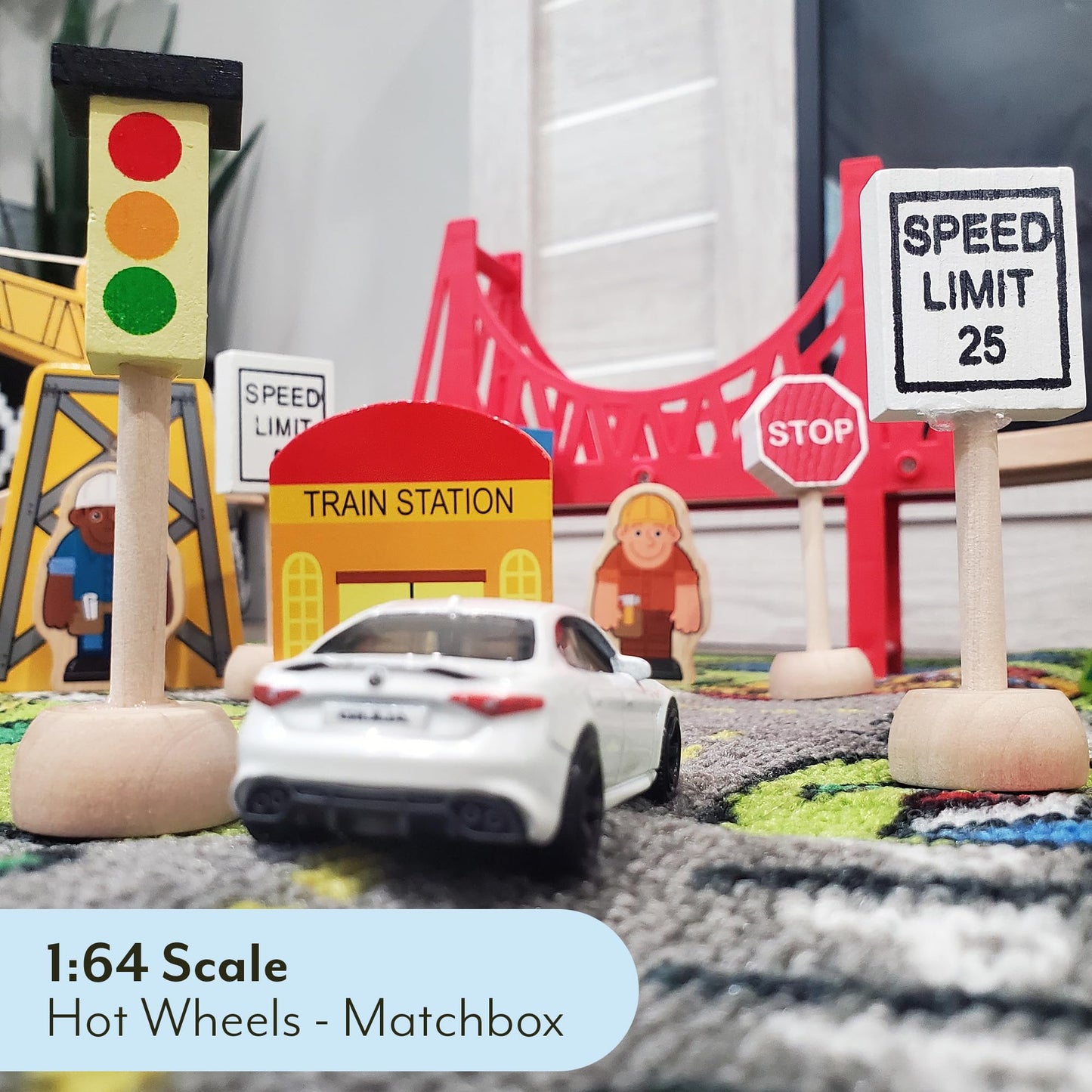 Attatoy Kids Wooden Street Signs Playset – 14-Piece Traffic Signs for 1:64 Cars & Trains