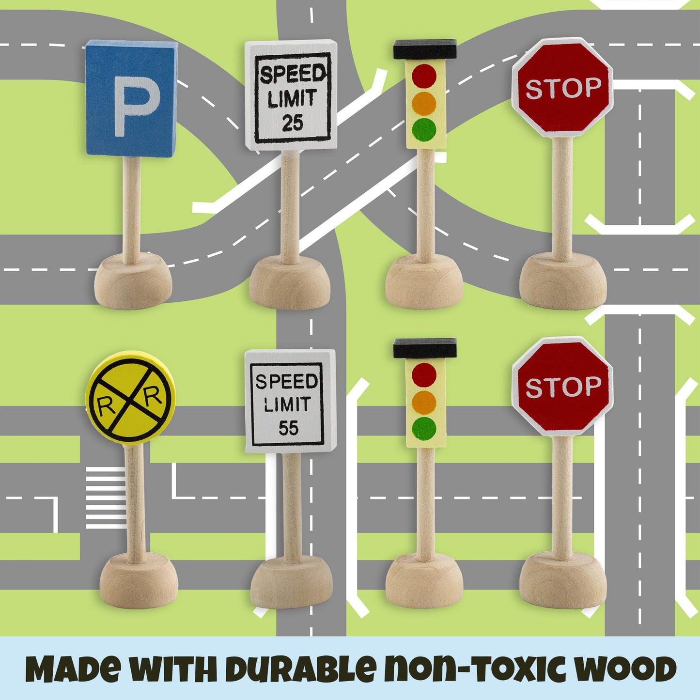Attatoy Kids Wooden Street Signs Playset – 14-Piece Traffic Signs for 1:64 Cars & Trains