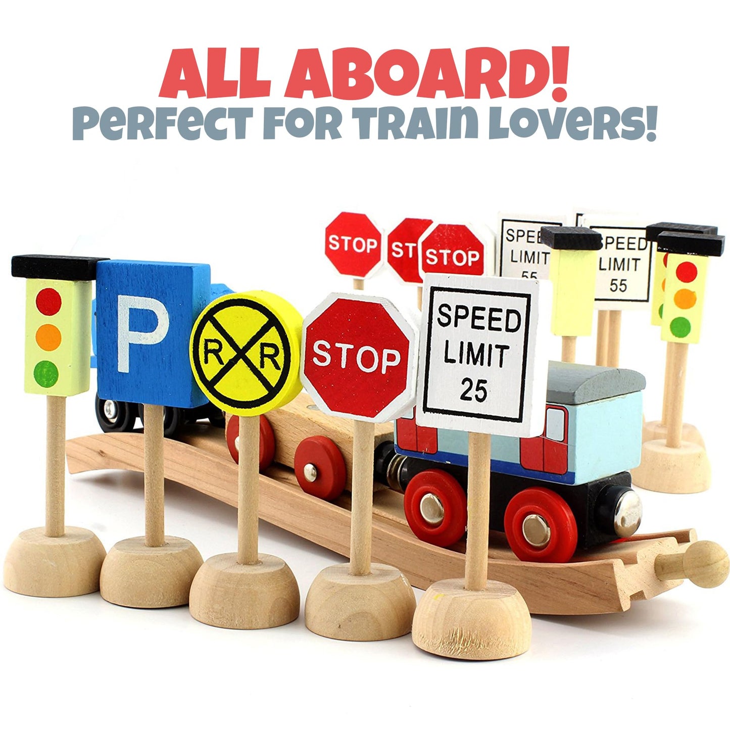 Attatoy Kids Wooden Street Signs Playset – 14-Piece Traffic Signs for 1:64 Cars & Trains