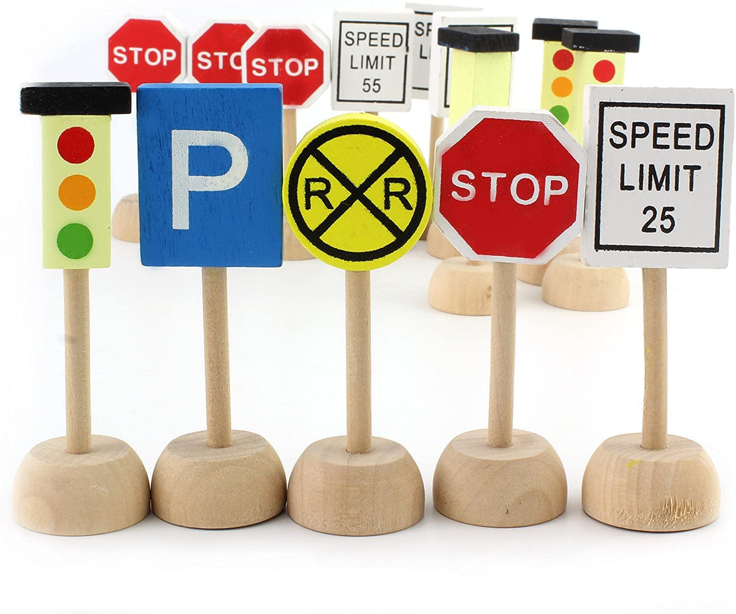 Attatoy Kids Wooden Street Signs Playset – 14-Piece Traffic Signs for 1:64 Cars & Trains
