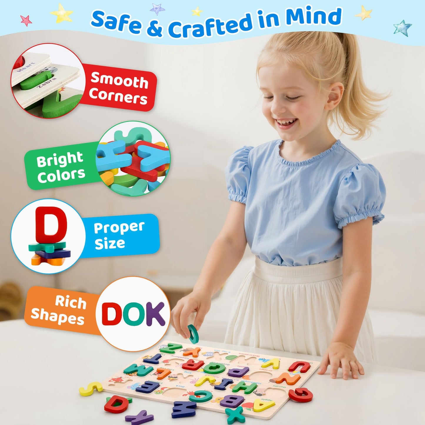 Attmu Alphabet Puzzle - Wooden ABC Learning Toy for Toddlers 3-5