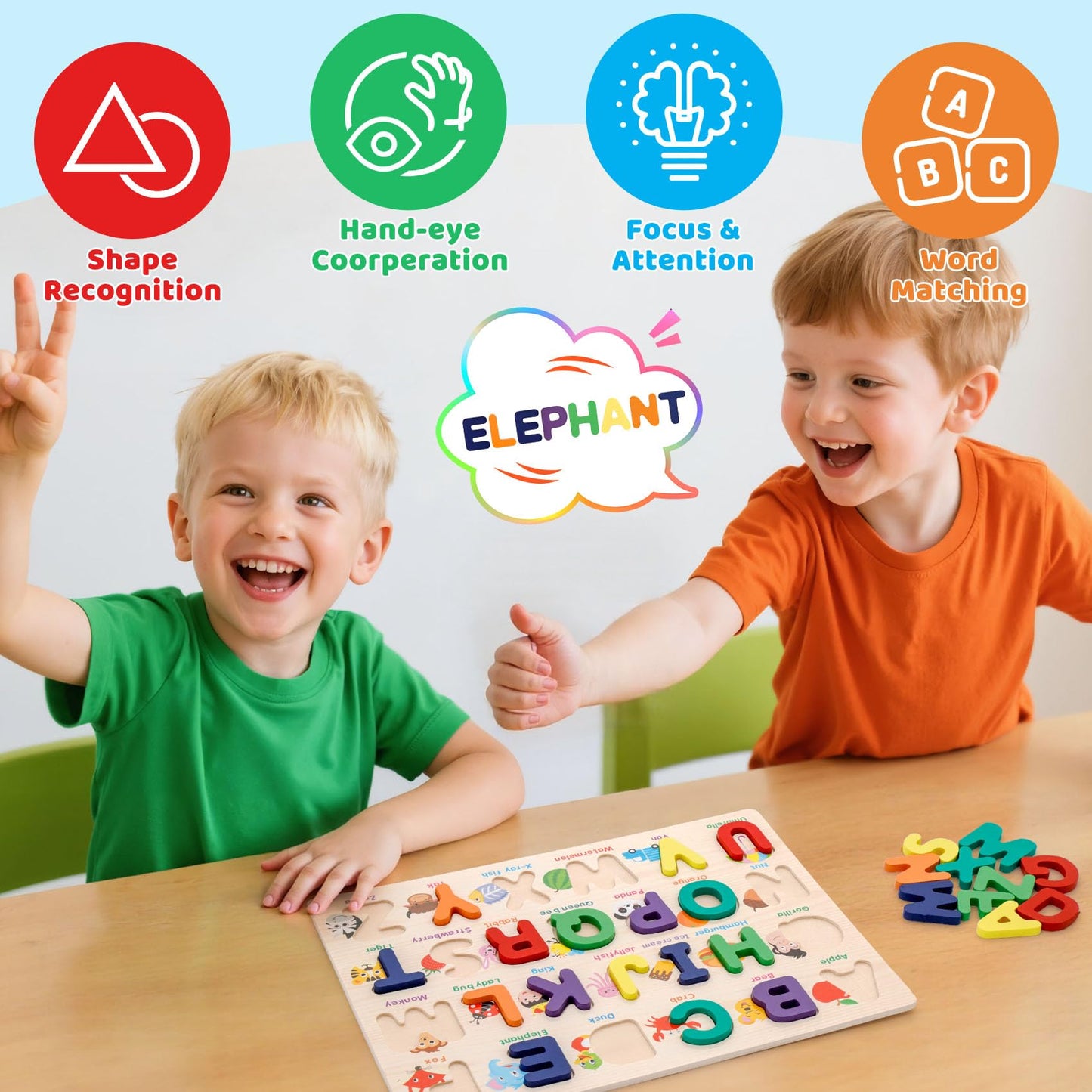 Attmu Alphabet Puzzle - Wooden ABC Learning Toy for Toddlers 3-5