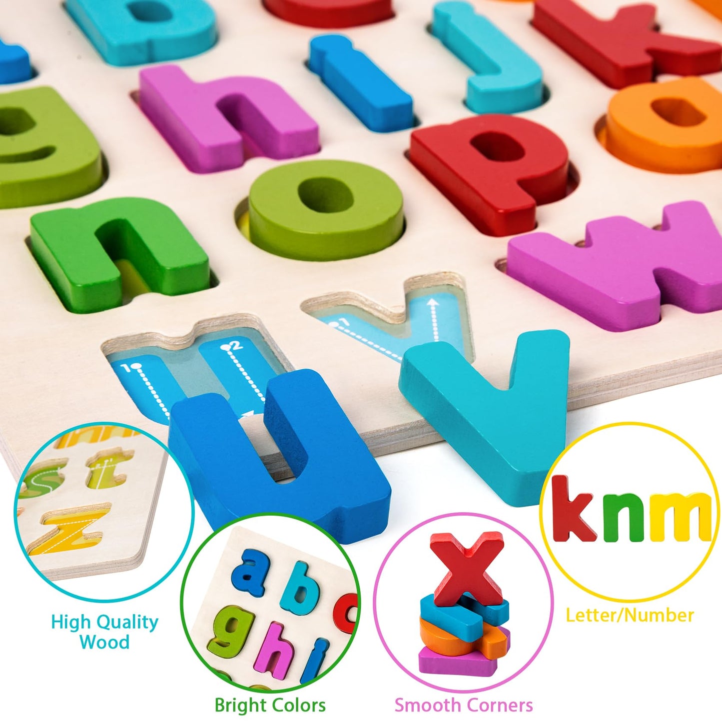 Attmu Alphabet Puzzle for Toddlers – Wooden ABC Puzzle Board & Letter Blocks (3-5 Years)