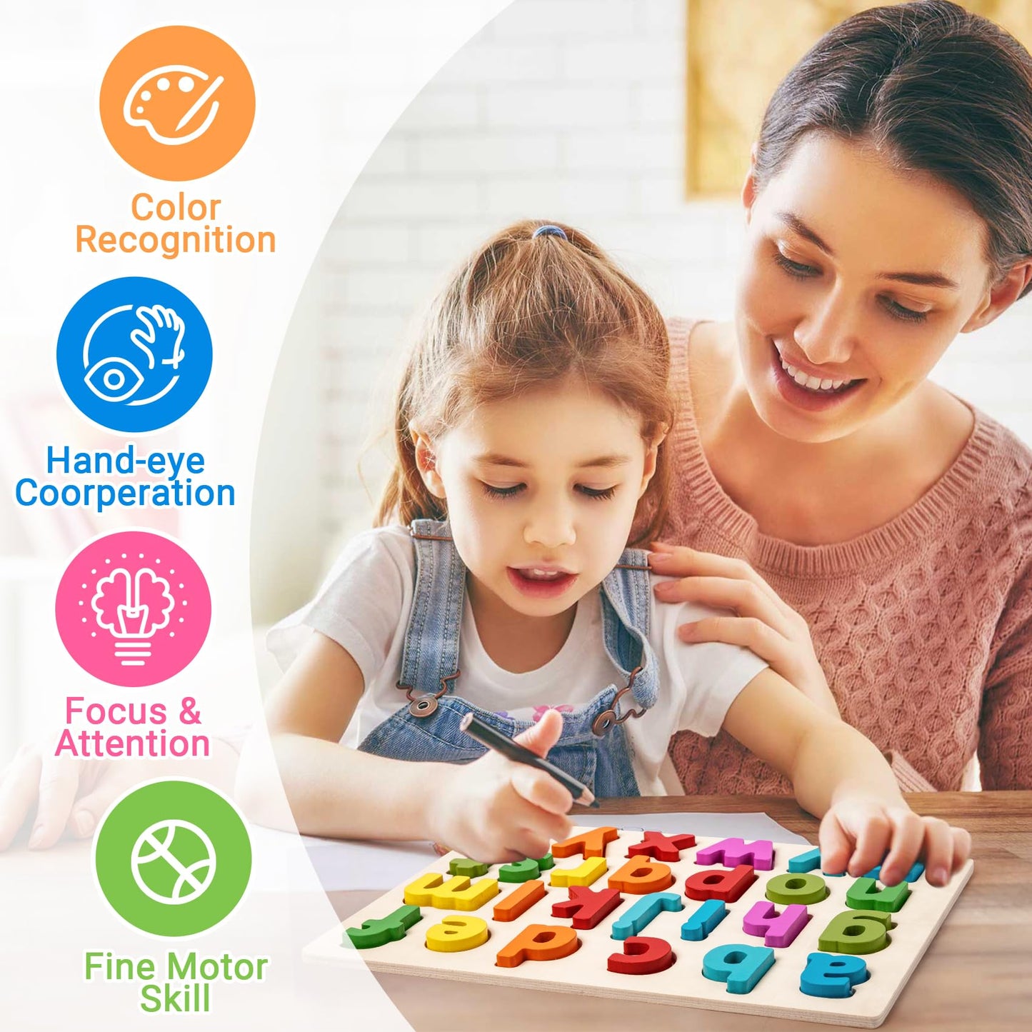 Attmu Alphabet Puzzle for Toddlers – Wooden ABC Puzzle Board & Letter Blocks (3-5 Years)