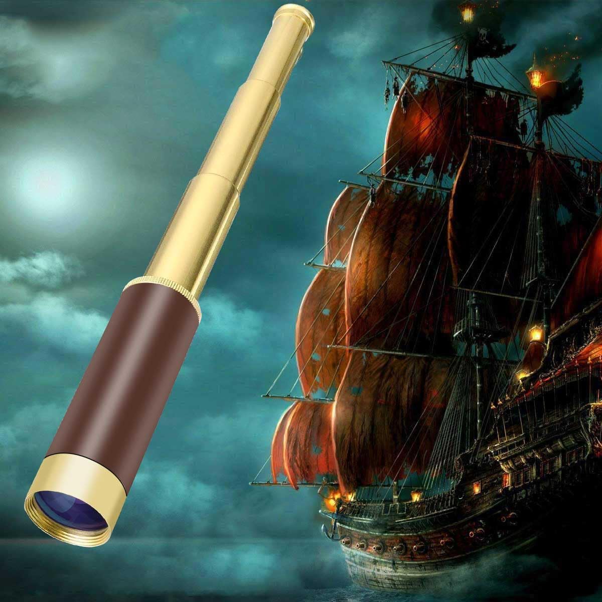 Aubric Retro Pirate Telescope 25x30 — Brass Spyglass and Compass