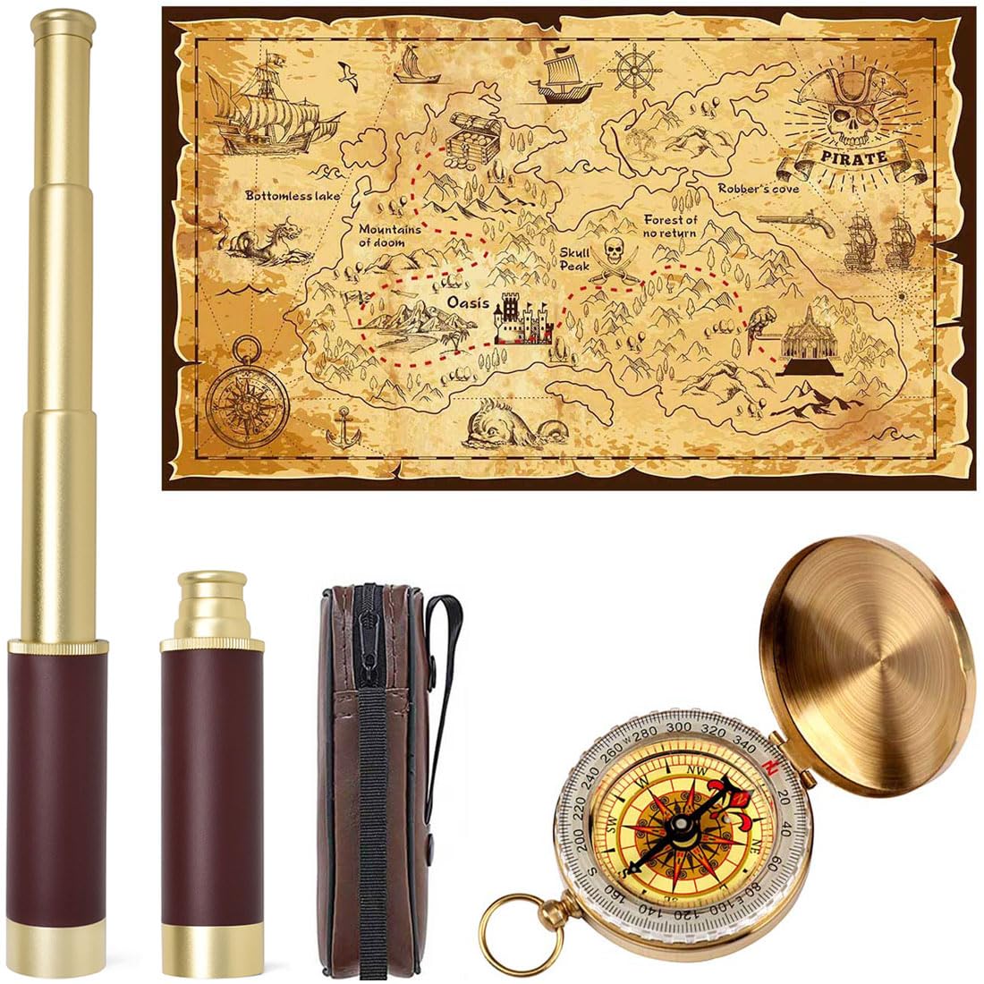 Aubric Pirate Spyglass & Treasure Map Set for Kids | 25x30 Zoom Monocular with Golden Compass