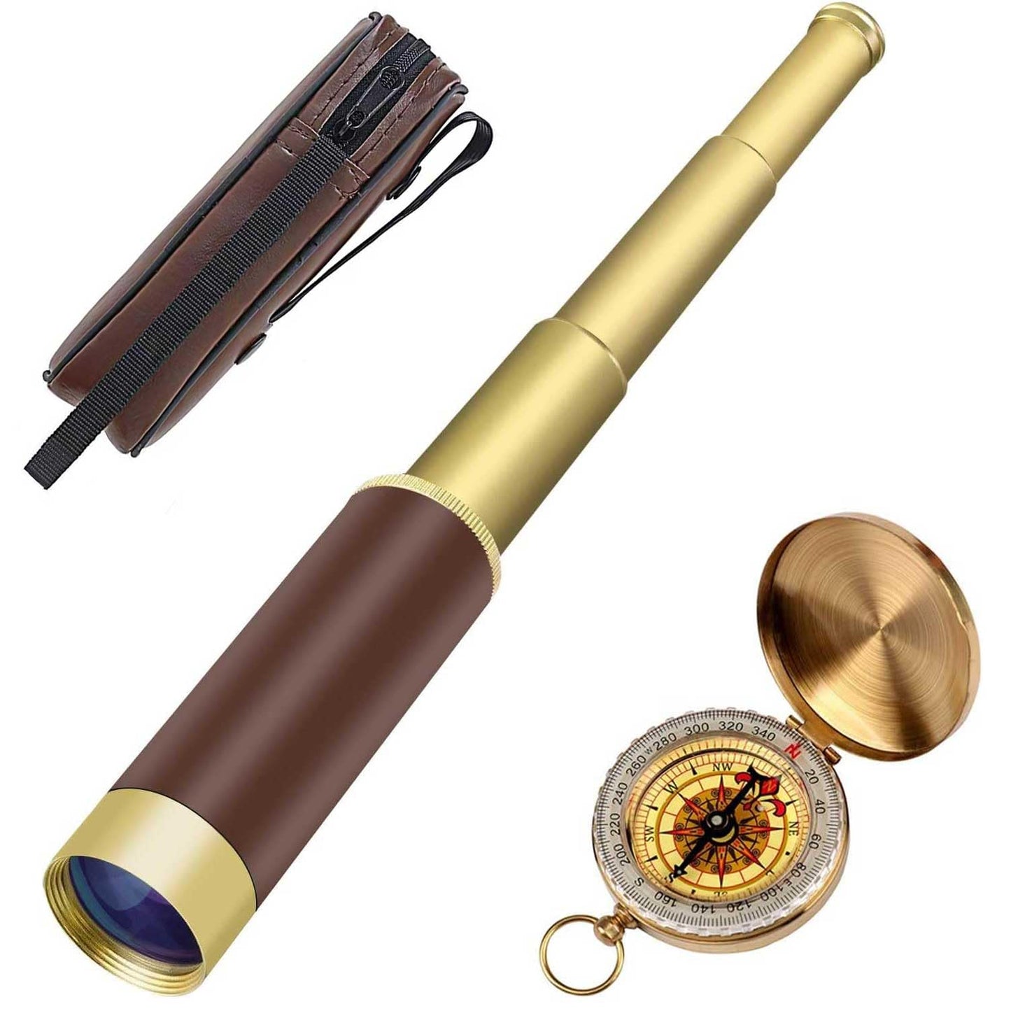 Aubric Retro Pirate Telescope 25x30 — Brass Spyglass and Compass