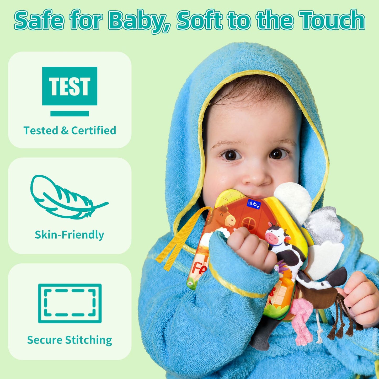 auby Baby Cloth Books - 3 Pack, Soft Fabric with Crinkle Sound & Tactile Tails