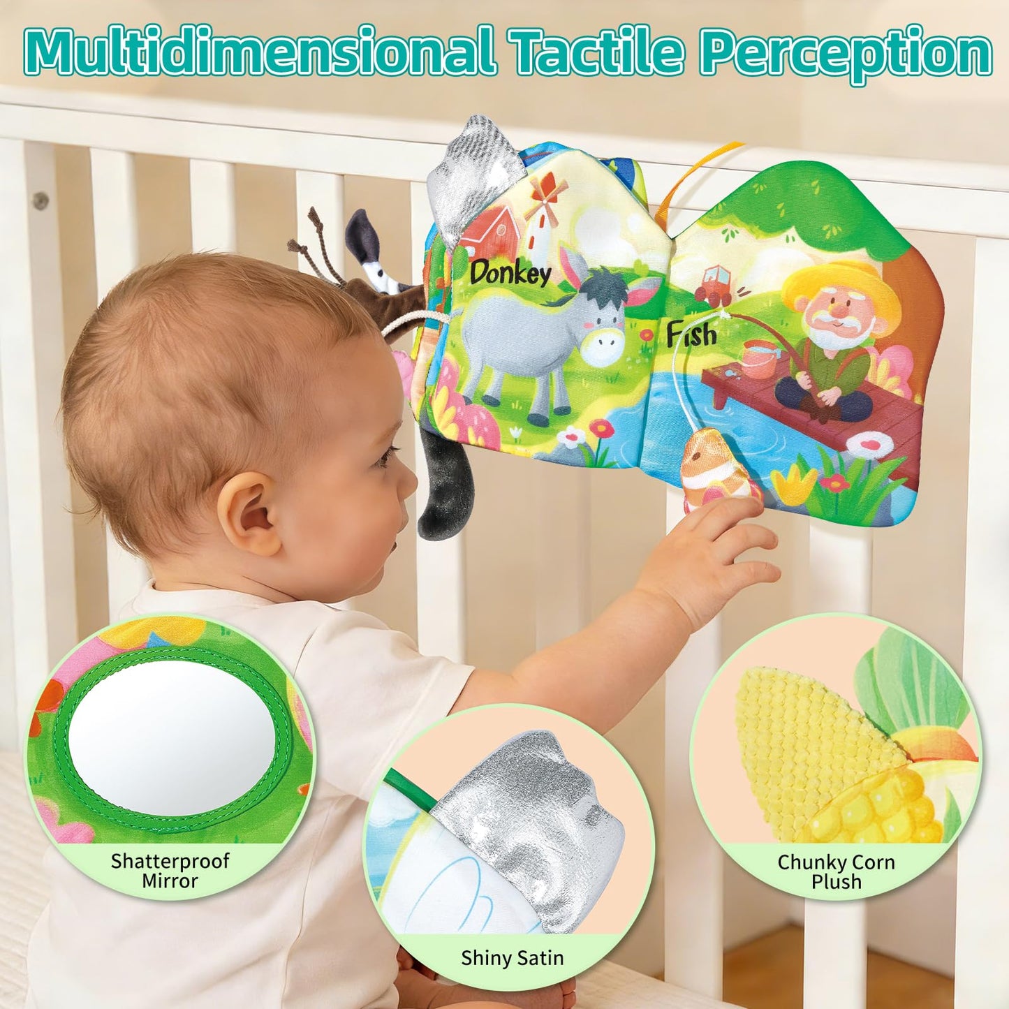 auby Baby Cloth Books - 3 Pack, Soft Fabric with Crinkle Sound & Tactile Tails