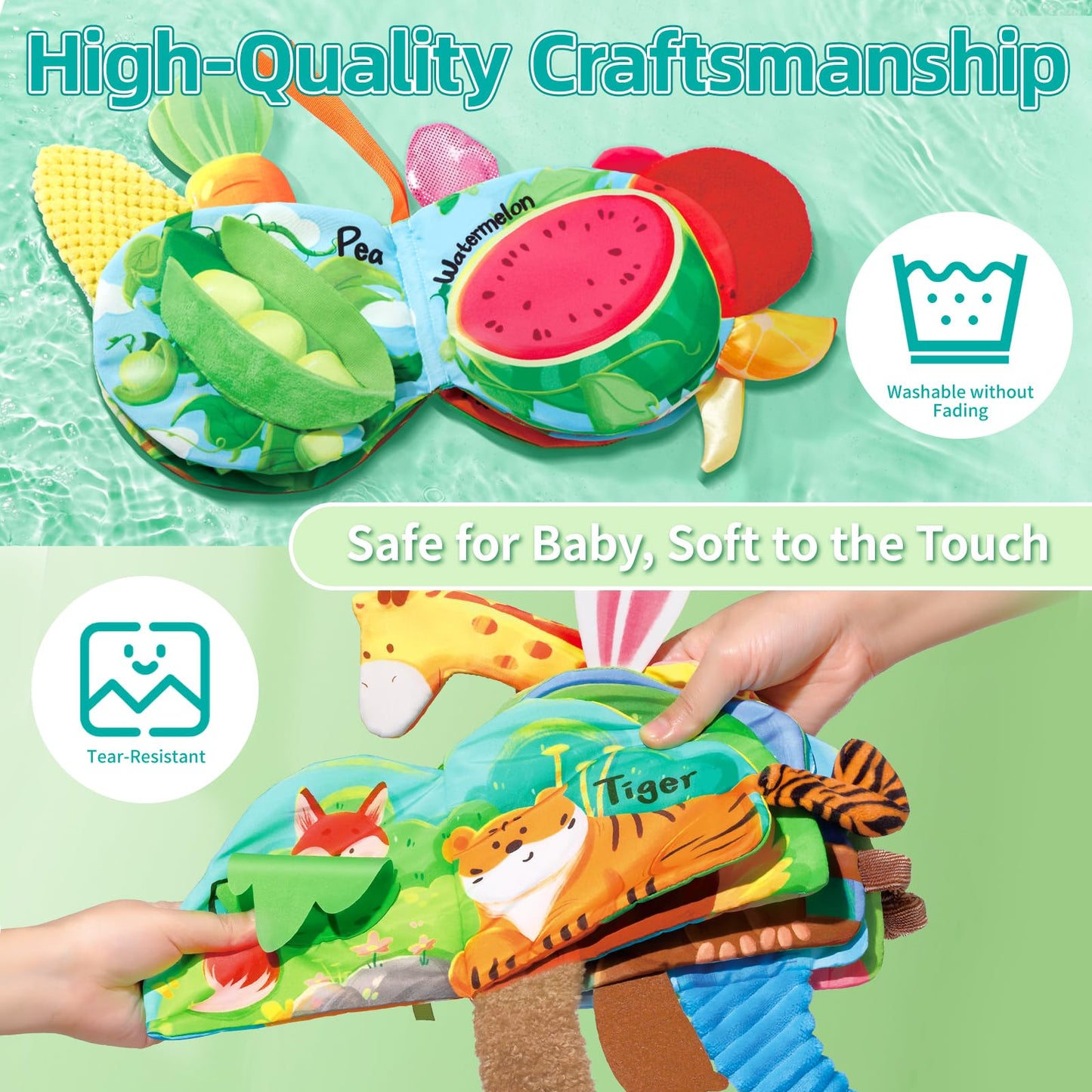 auby Baby Cloth Books - 3 Pack, Soft Fabric with Crinkle Sound & Tactile Tails