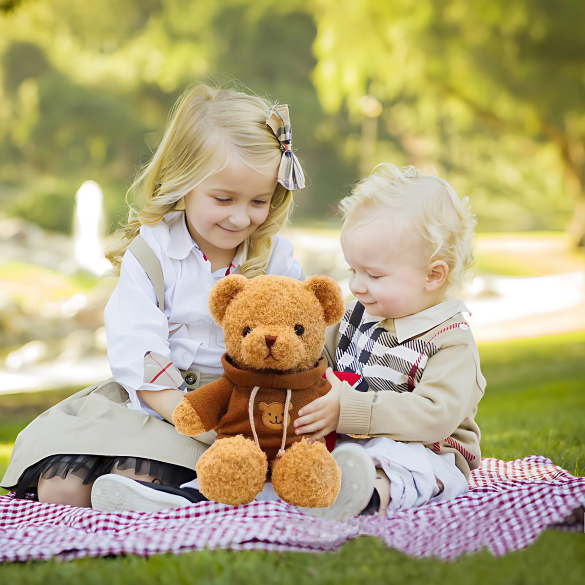 AUCOOMA 15.7-Inch Teddy Bear Plush with Pink Hoodie – Soft Brown Plush Toy