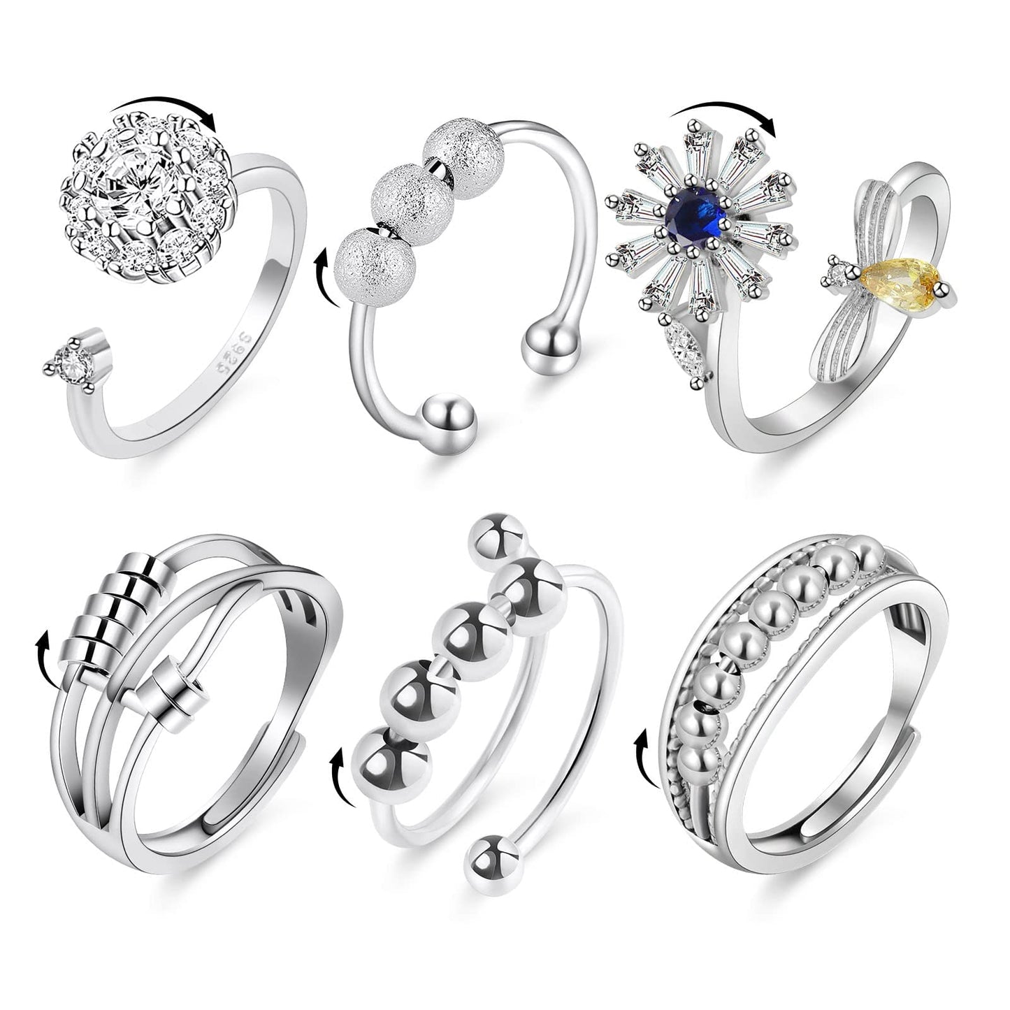 Aucuu 6 PCS Anxiety Fidget Rings for Women – Adjustable Open, Rotatable, Hypoallergenic