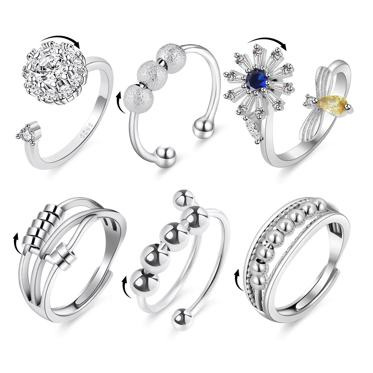 Aucuu 6Pcs Anxiety Ring Set for Women — Open Adjustable, CZ Zirconia & Spinner Bead Rings