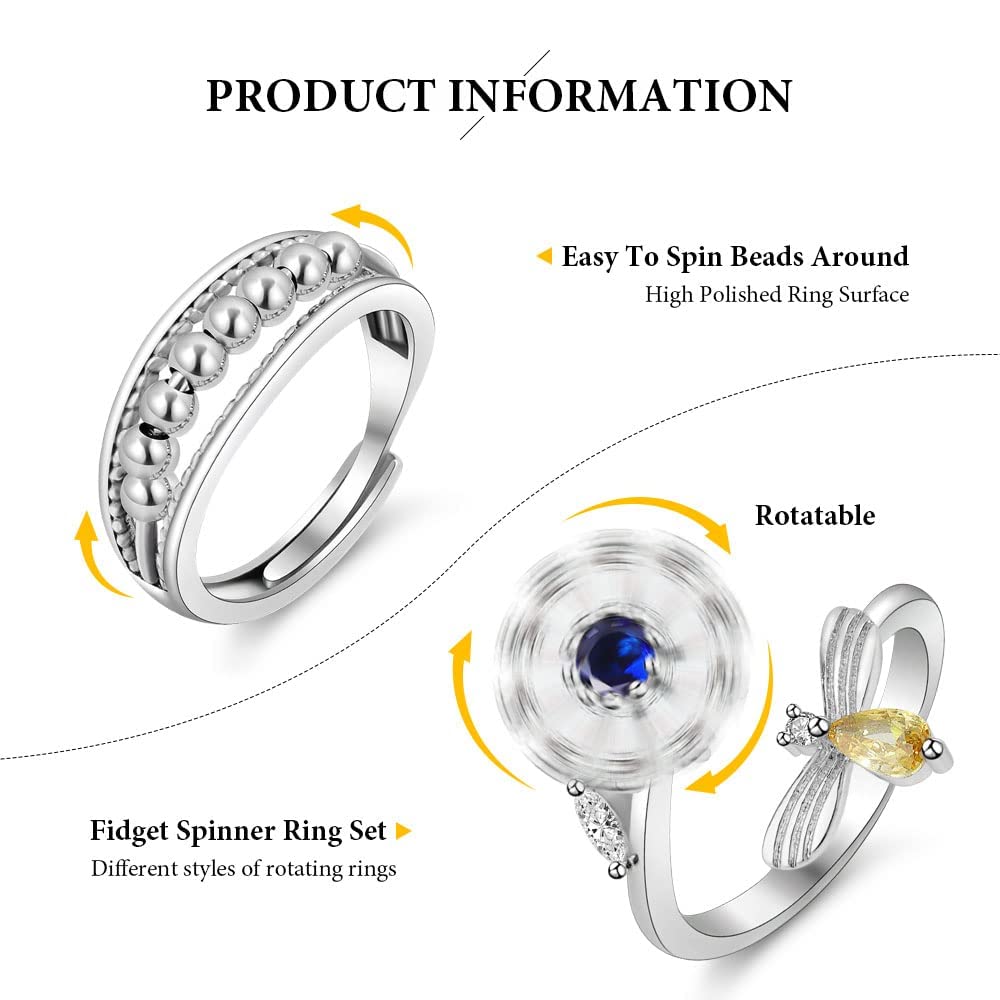 Aucuu 6 PCS Anxiety Fidget Rings for Women – Adjustable Open, Rotatable, Hypoallergenic