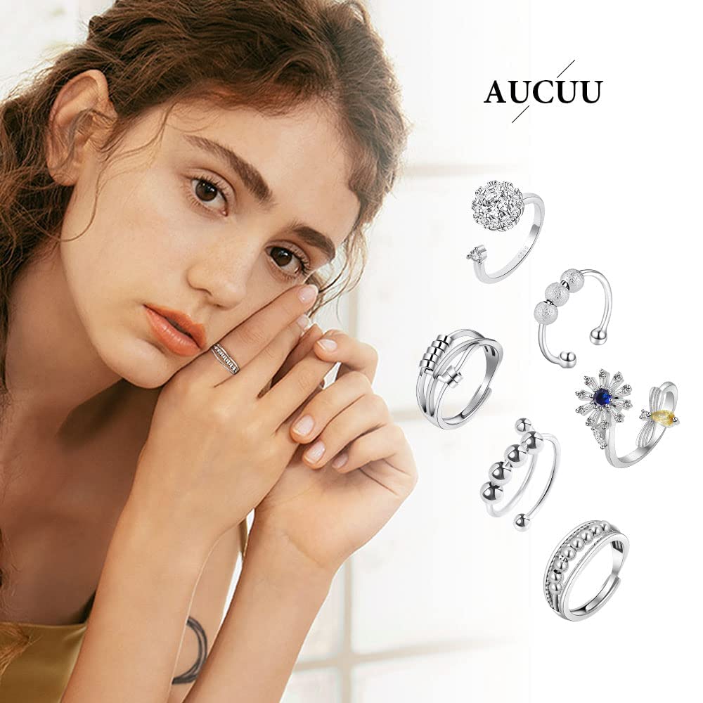 Aucuu 6 PCS Anxiety Fidget Rings for Women – Adjustable Open, Rotatable, Hypoallergenic