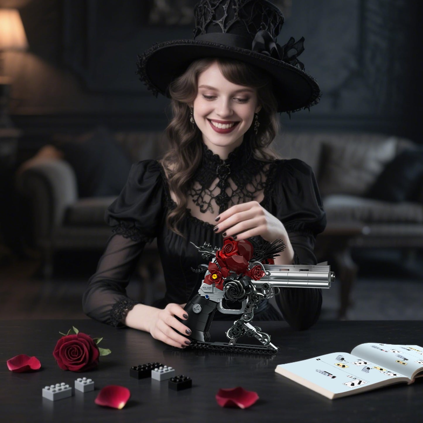 Audaxly Gothic Rose Revolver Building Kit – Dark Romantic Bricks Art