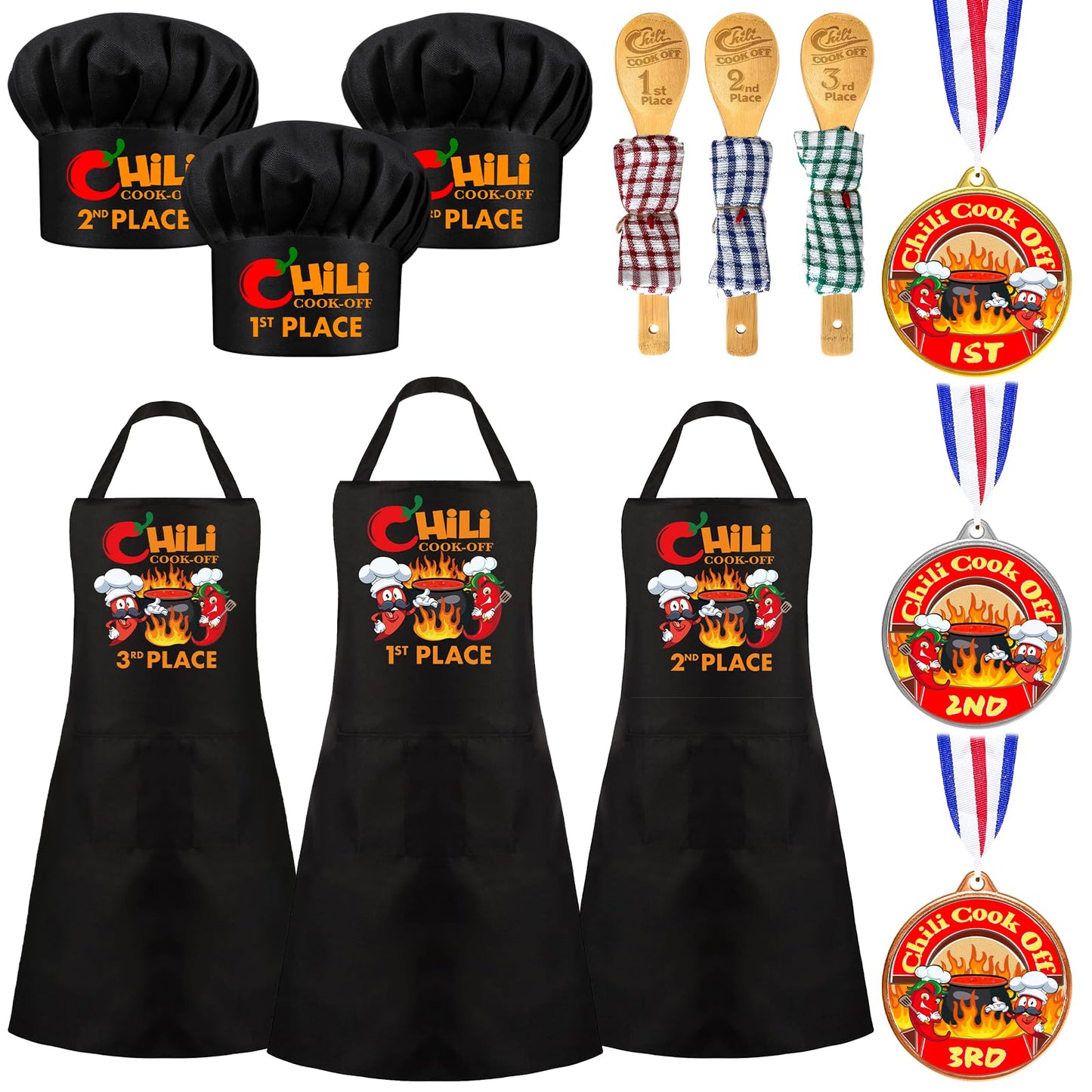 Augacage 12 Pcs Chili Cook Off Prize Set – Hats, Aprons, Medals & Spoons for Chili Festivals