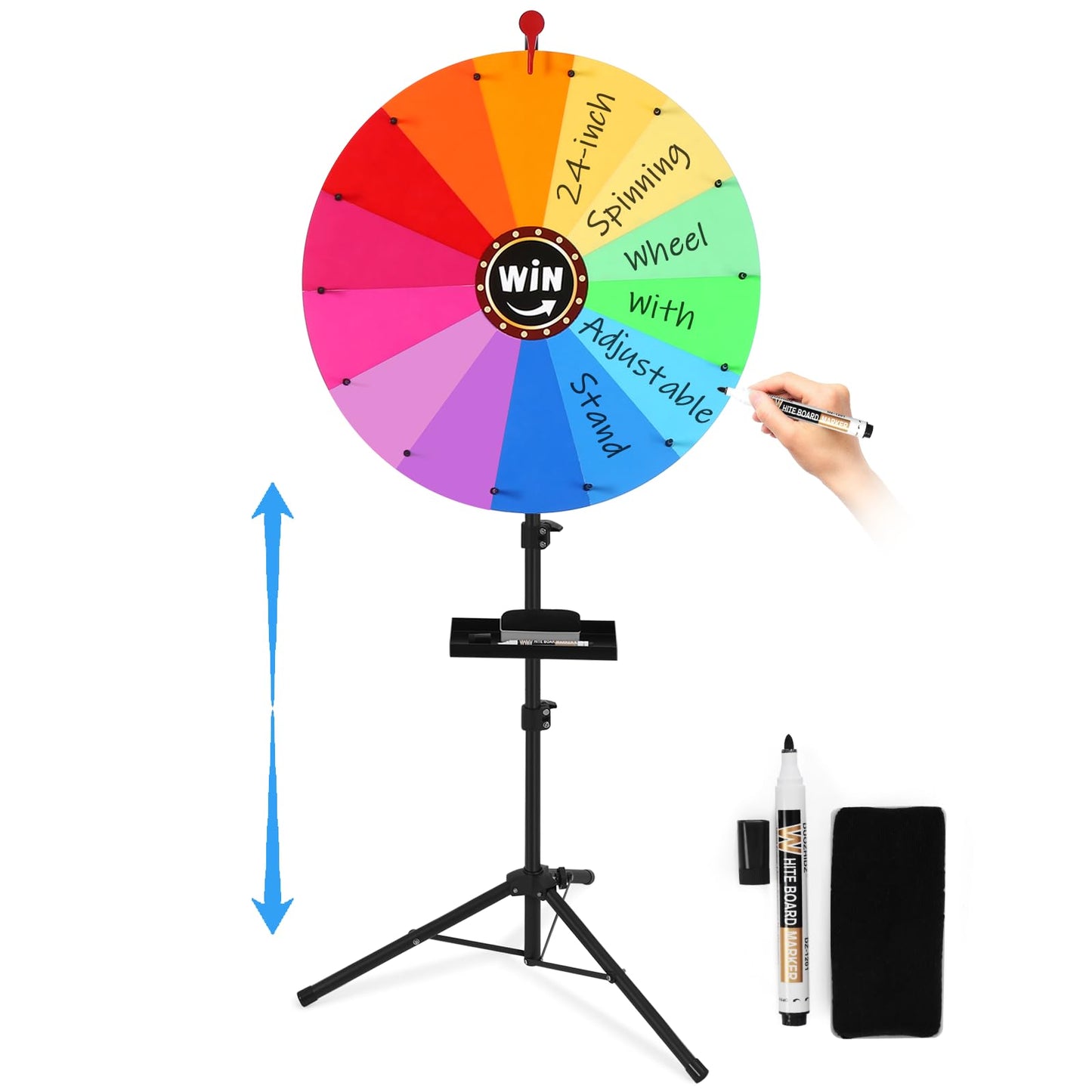 AugFir 24-Inch Spinning Prize Wheel — Adjustable Height (37–65 in) with Stand | 14 Color Zones