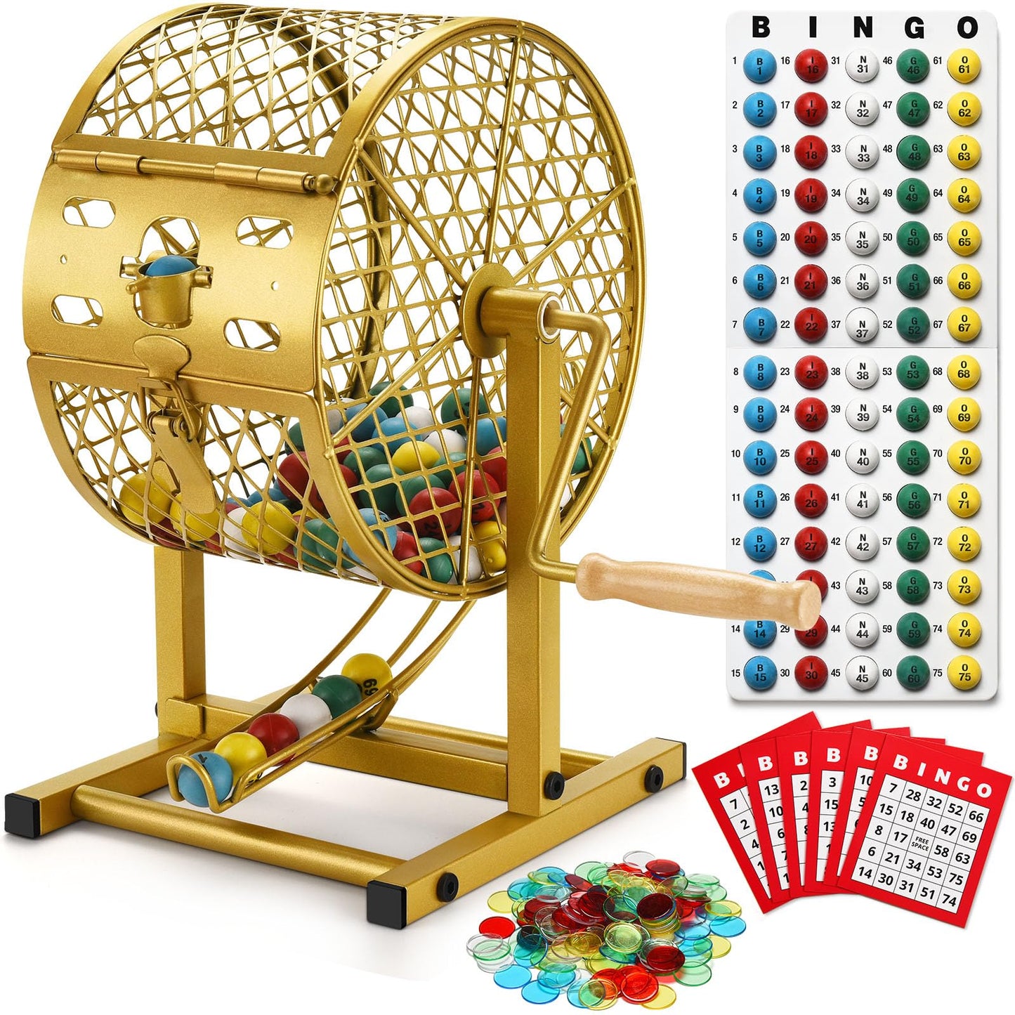 AugFir 12.6in Tall Bingo Game Set – Stable Steel Cage, 30 Cards & 75 Balls