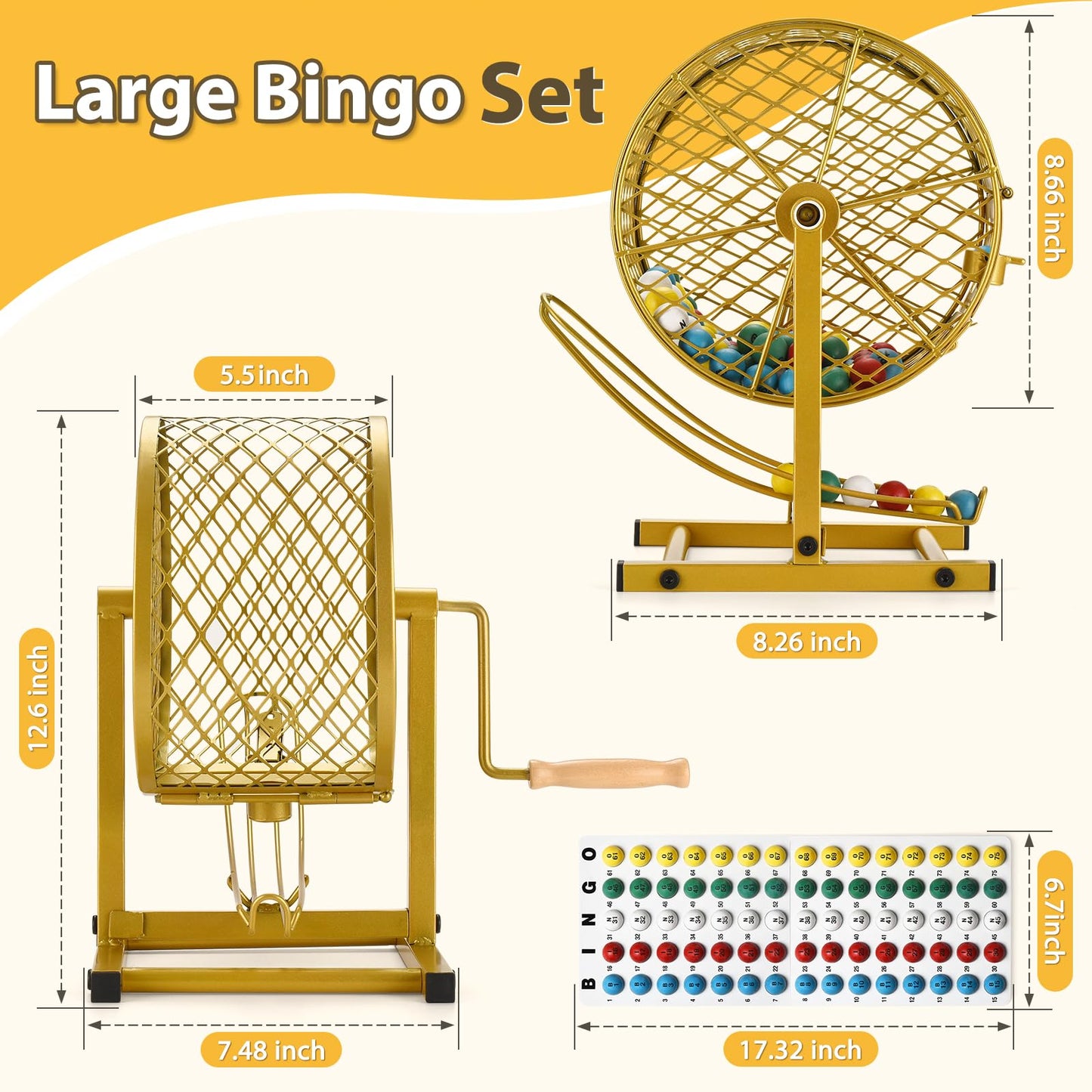 AugFir 12.6in Tall Bingo Game Set – Stable Steel Cage, 30 Cards & 75 Balls