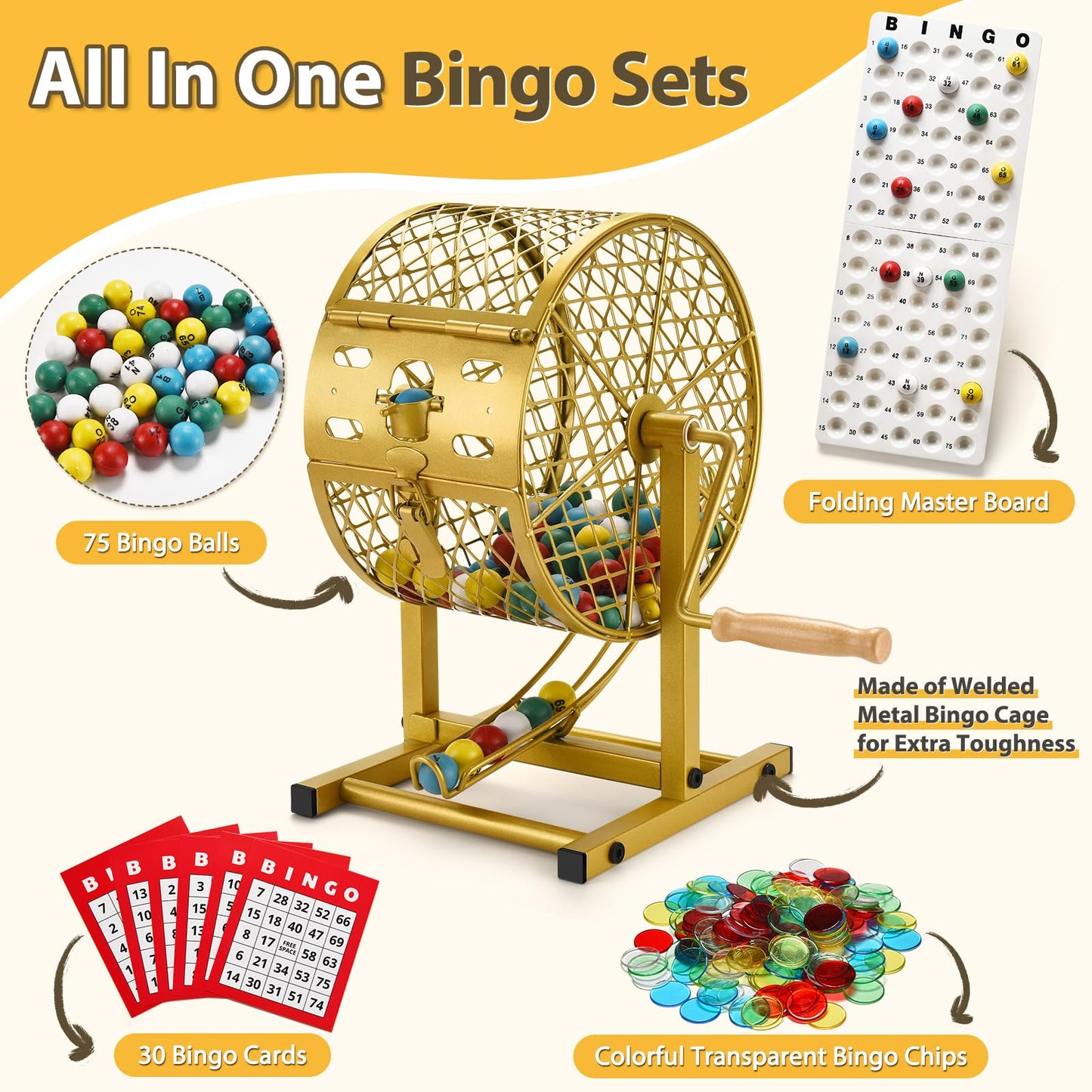 AugFir 12.6in Tall Bingo Game Set – Stable Steel Cage, 30 Cards & 75 Balls