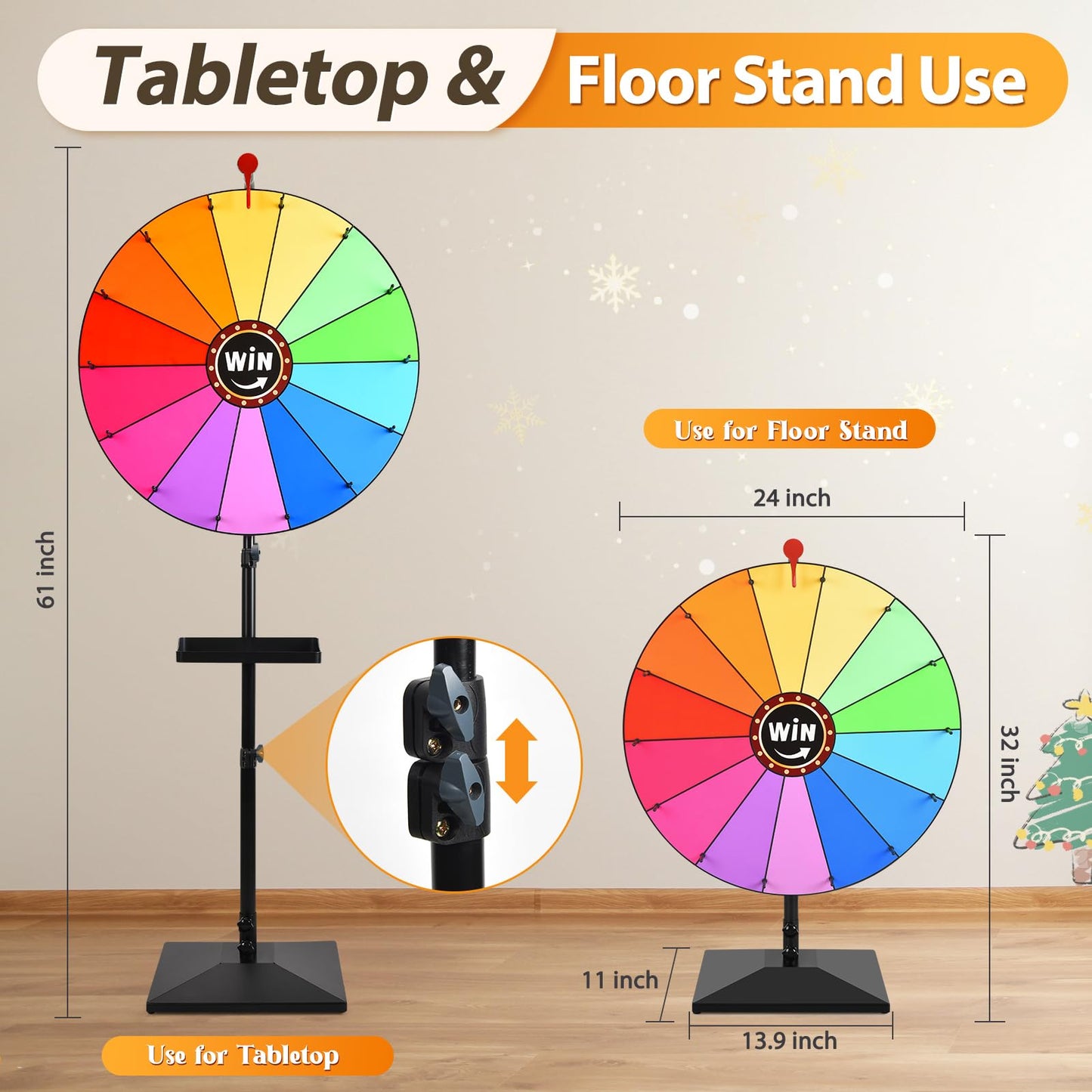 AugFir 24-Inch Prize Wheel – Adjustable Desktop or Floor Stand Spinner, 14 Color Segments