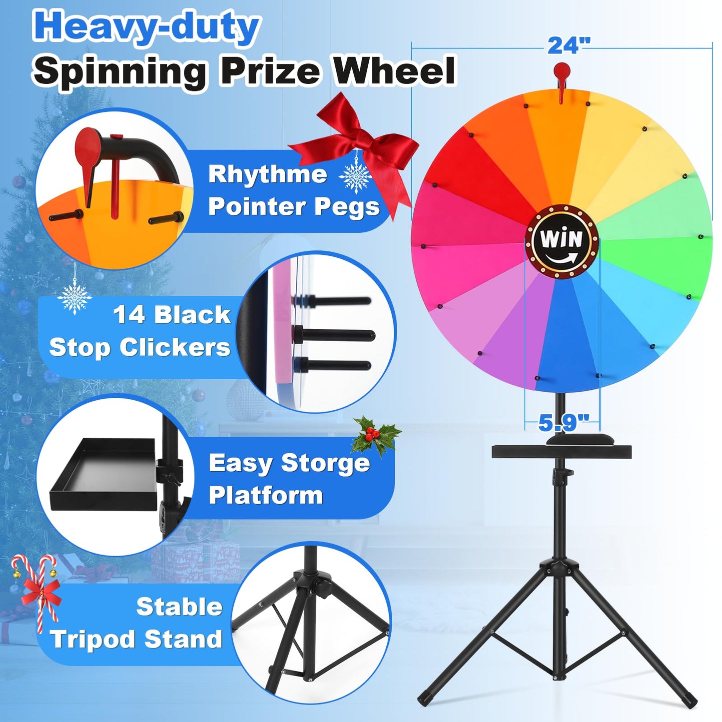 AugFir 24-Inch Spinning Prize Wheel — Adjustable Height (37–65 in) with Stand | 14 Color Zones