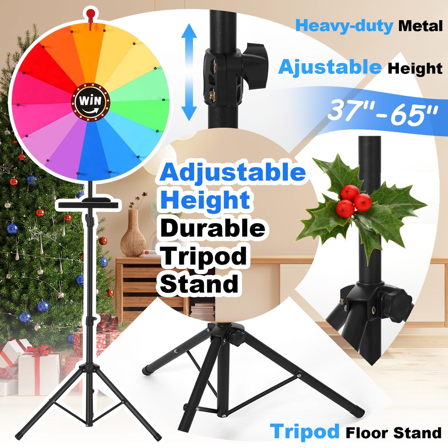 AugFir 24-Inch Spinning Prize Wheel — Adjustable Height (37–65 in) with Stand | 14 Color Zones