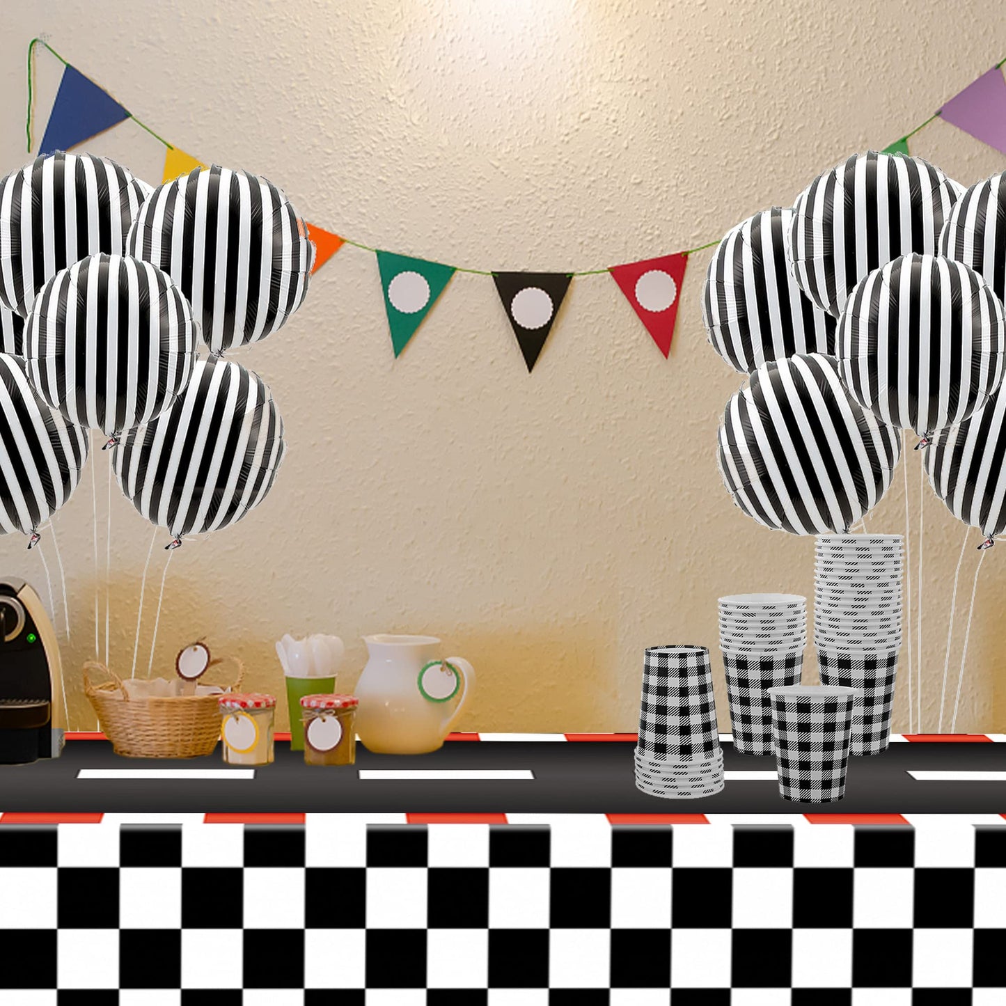 Augisteen 4 Pcs Racing Car Tablecloths – Black Checkered Racetrack Theme, 54 x 108 Inch, Disposable Party Table Covers