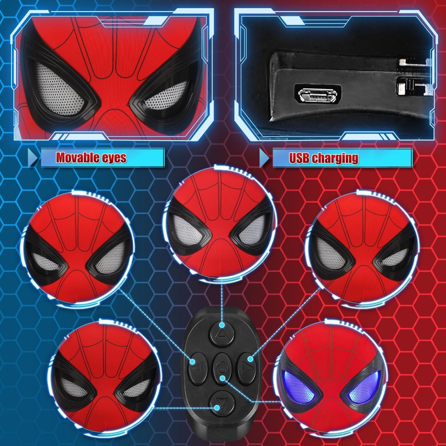 AUGMAXI Electric Spider Mask – Moving Eyes, LED Lights, Remote Control