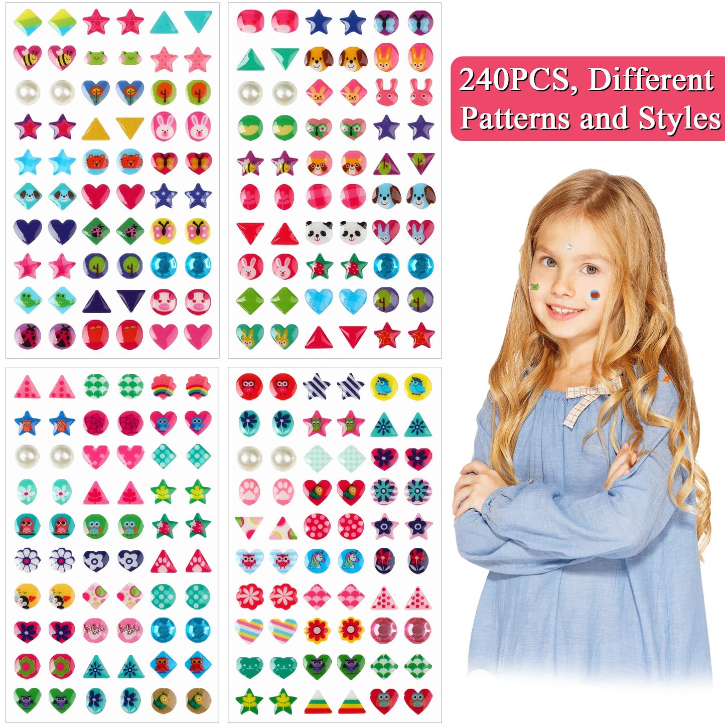 AUGSUN 240-Piece Sticker Earrings: 3D Gems Self-Adhesive Glitter Stickers (Style A)