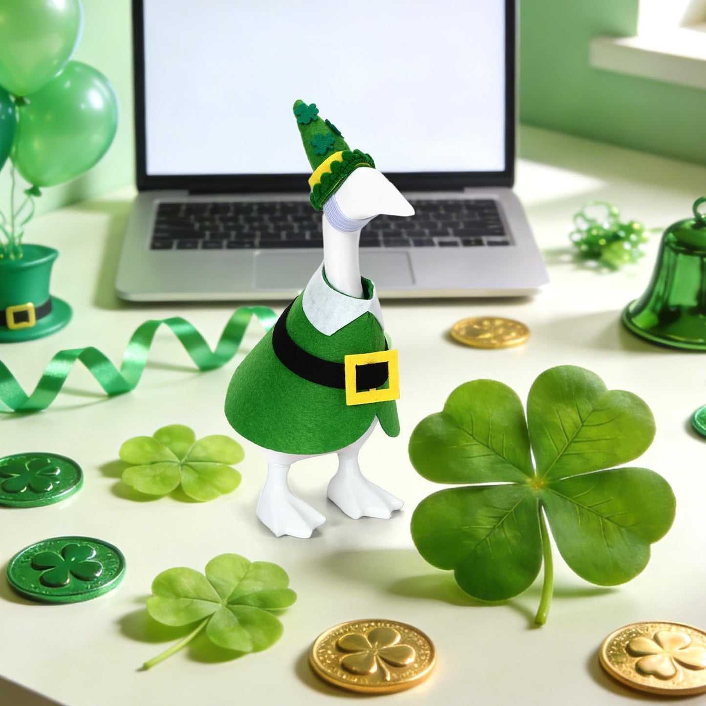 AUGSUN St. Patrick's Desk Goose Outfit – 7-Inch Green Felt Shamrock Costume for Mini Decor
