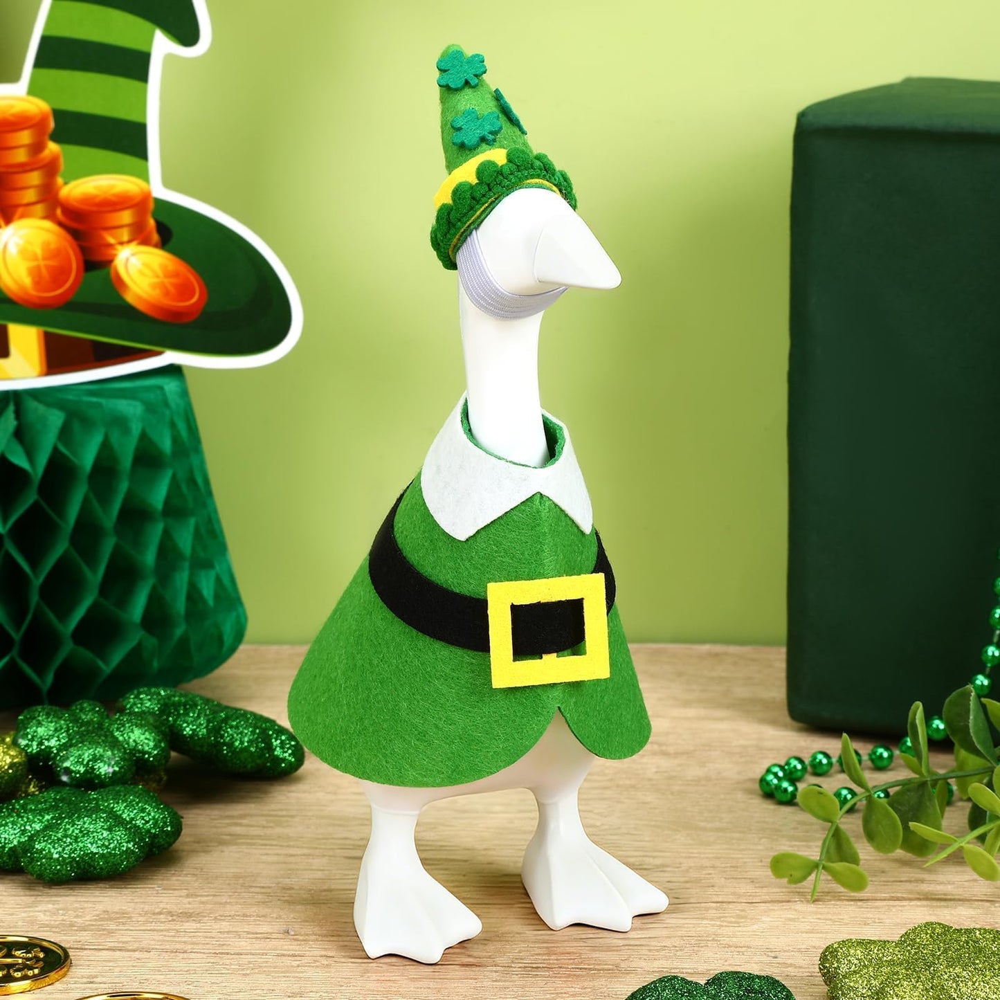 AUGSUN St. Patrick's Desk Goose Outfit – 7-Inch Green Felt Shamrock Costume for Mini Decor