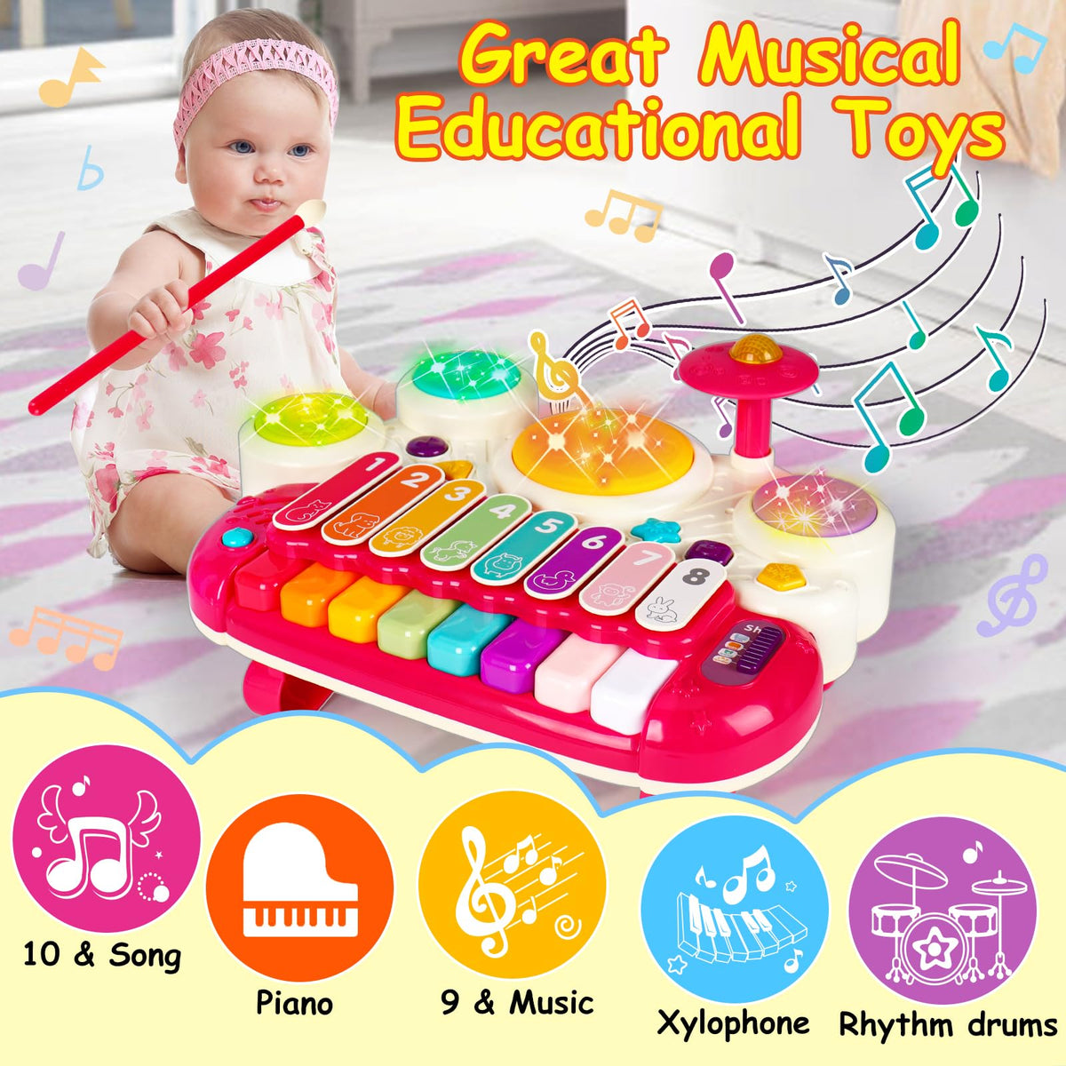 AugToy 3-in-1 Musical Toys for Toddlers (1-3) – Piano, Xylophone & Drum Set