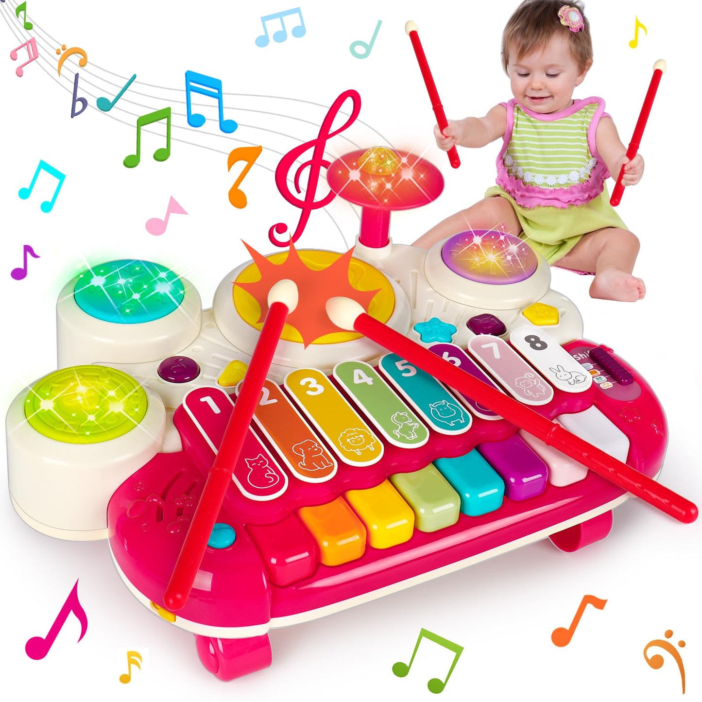 AugToy 3-in-1 Musical Toys for Toddlers (1-3) – Piano, Xylophone & Drum Set