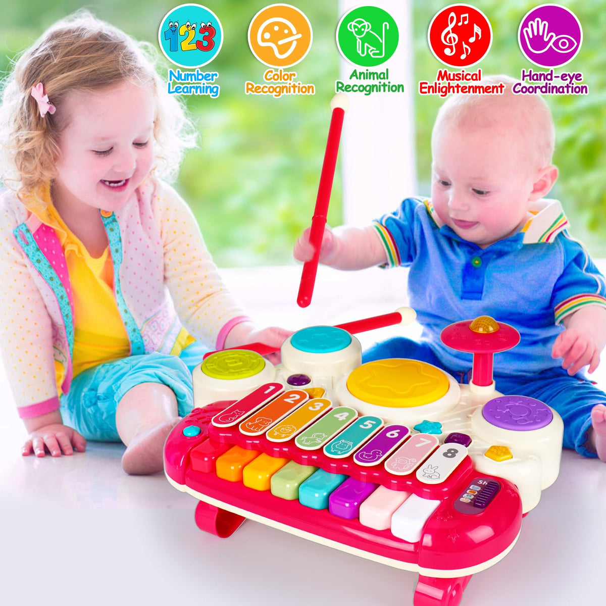 AugToy 3-in-1 Musical Toys for Toddlers (1-3) – Piano, Xylophone & Drum Set