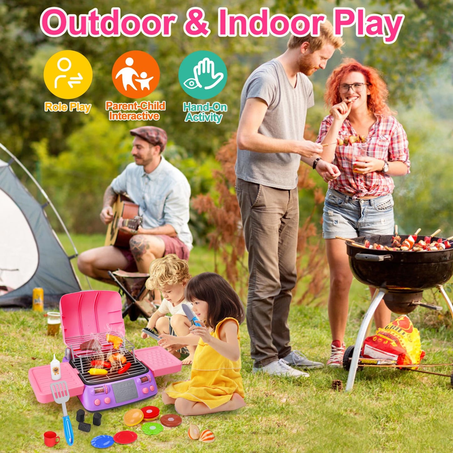 AugToy Kids BBQ Grill Playset with Apron Hat – Pink Pretend Kitchen Toy for Girls Aged 3-8
