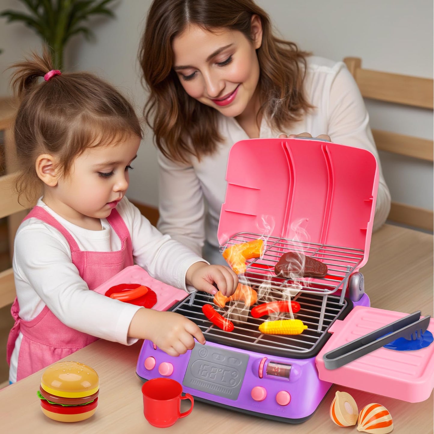 AugToy Kids BBQ Grill Playset – Pink Pretend Grill with Light, Smoke & Sound for Ages 3-8