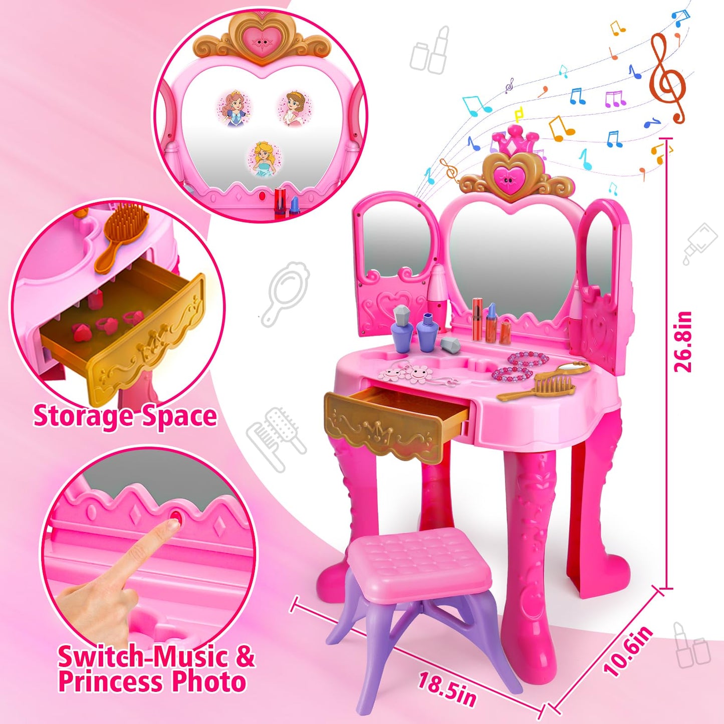AugToy Toddler Vanity Set with Magic Mirror – Pink Table & Chair for 2-5 Year Old Girls