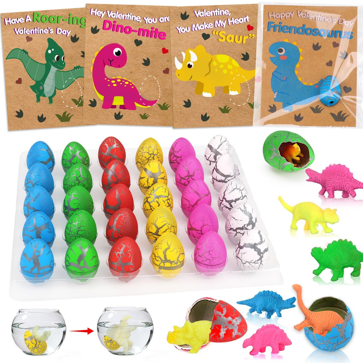 AugToy Valentines Day Gifts for Kids – 30 Pack Hatching Dinosaur Egg Cards