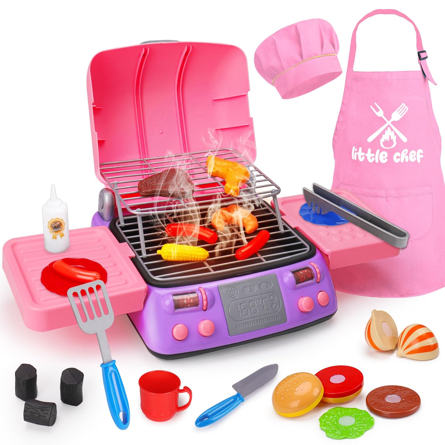 AugToy Kids BBQ Grill Playset with Apron Hat – Pink Pretend Kitchen Toy for Girls Aged 3-8