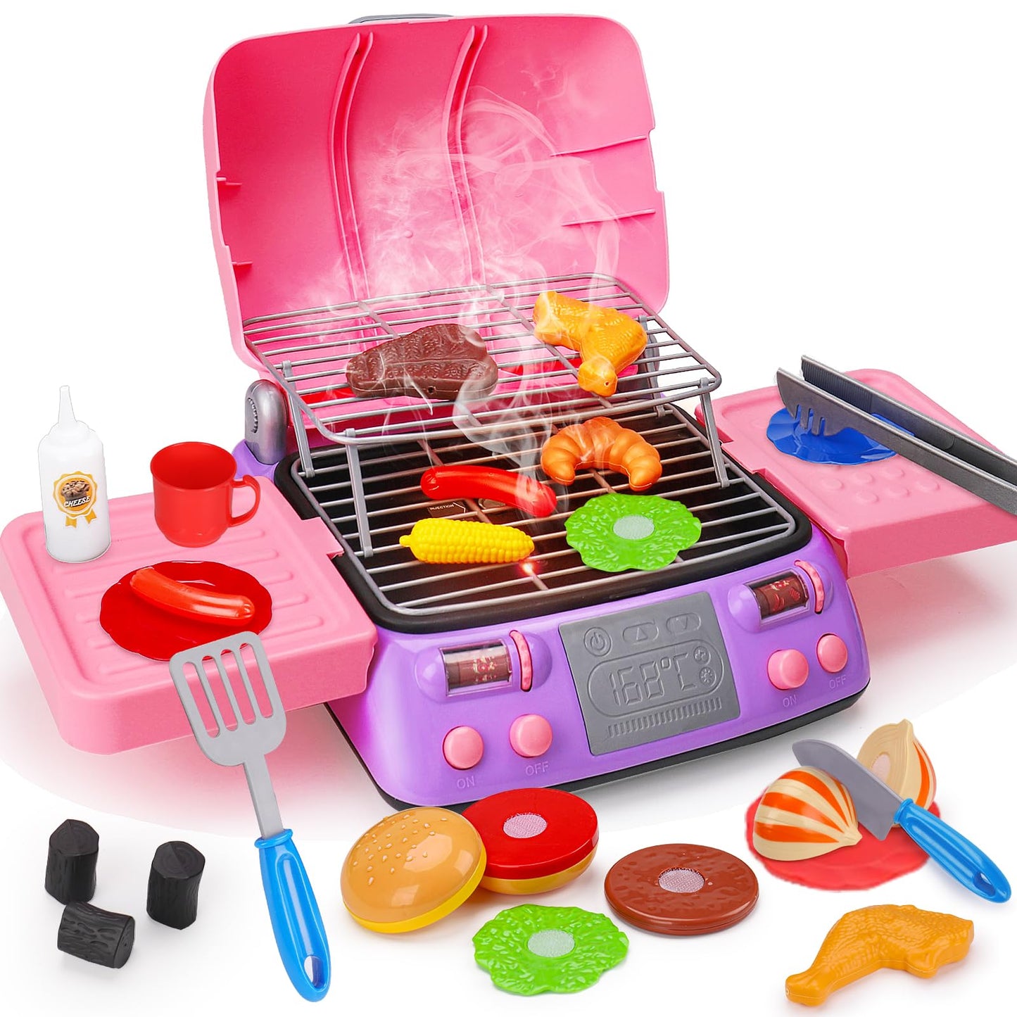 AugToy Kids BBQ Grill Playset – Pink Pretend Grill with Light, Smoke & Sound for Ages 3-8